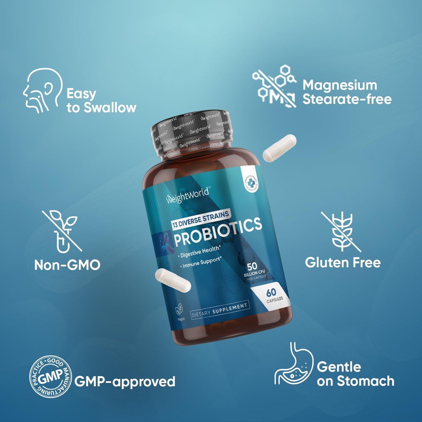 Vegan Probiotics for Women & Men - 50 Billion CFU - 13 Unique Strains - Inulin & Fructooligosaccharide - Digestive & Immune Support - 2 Months Supply