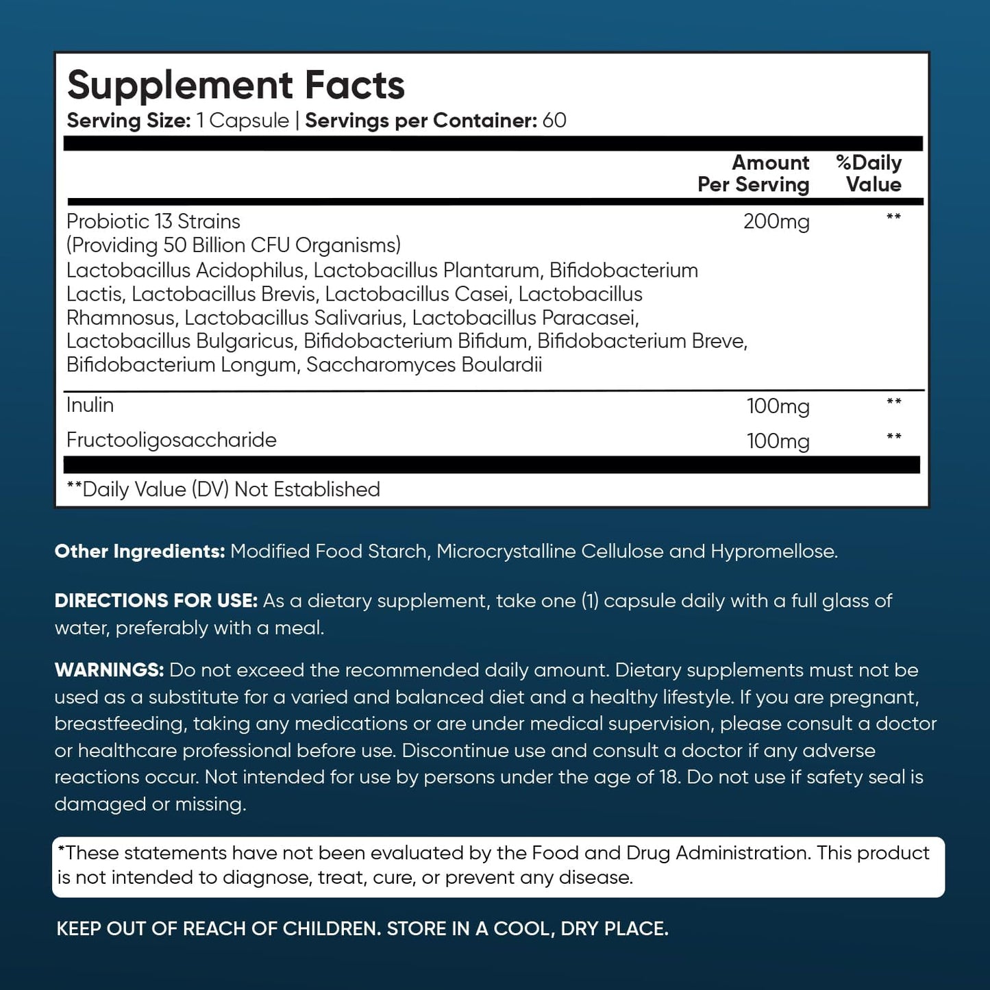 Vegan Probiotics for Women & Men - 50 Billion CFU - 13 Unique Strains - Inulin & Fructooligosaccharide - Digestive & Immune Support - 2 Months Supply