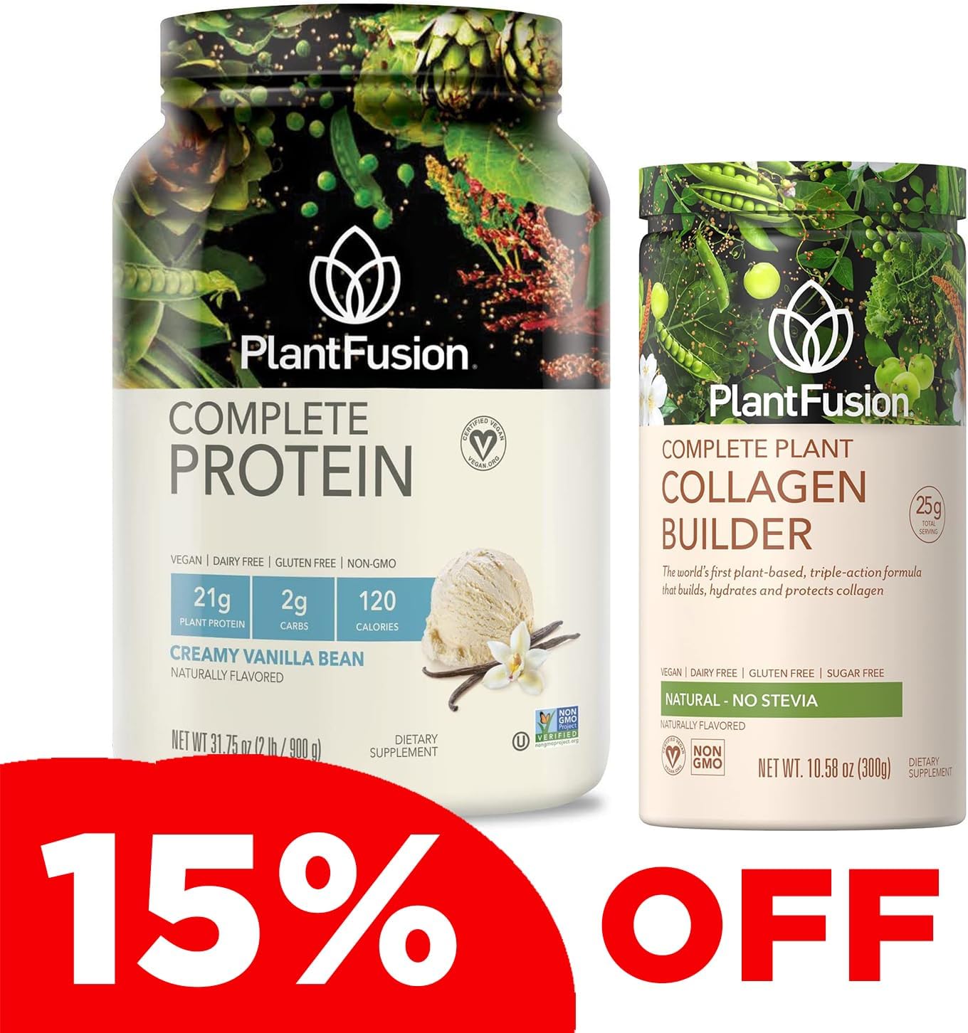 Vegan Protein Powder & Collagen Bundle - Keto, Gluten-Free, Soy-Free, Non-Dairy, No Sugar, Non-GMO - PlantFusion
