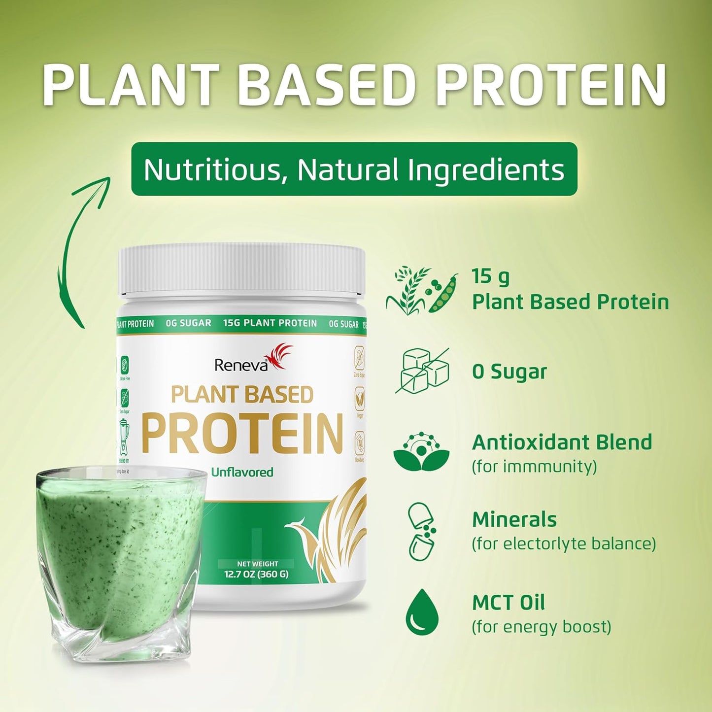 Vegan Protein Powder with 15g Plant Based Protein | Gluten Free, Dairy Free, Soy Free | Naturally Sweetened with Stevia | 12.7oz Canister