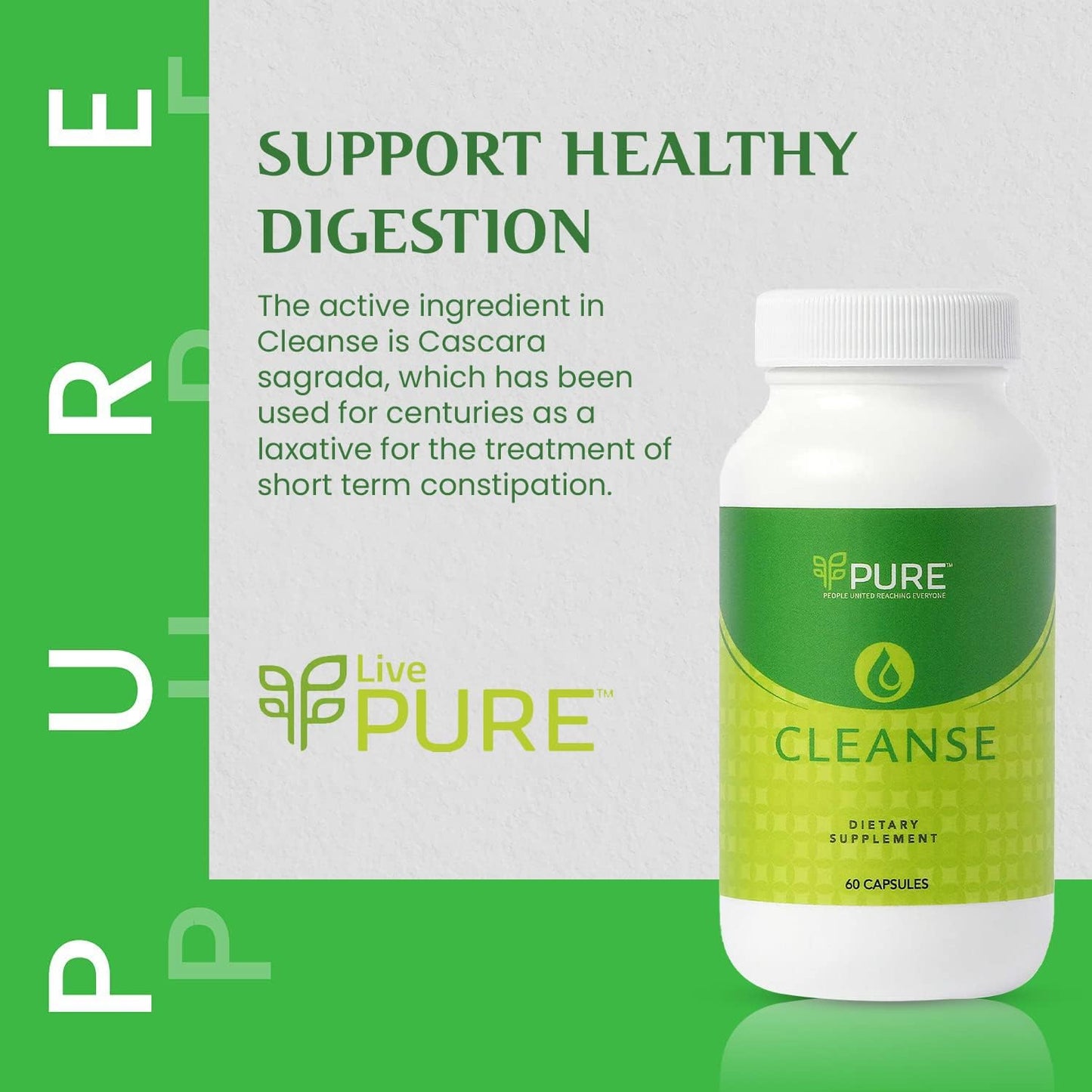 Vegan PURE Live Cleanse Capsules for Better Digestion & Gut Health - Non-GMO Formula - 60 Count