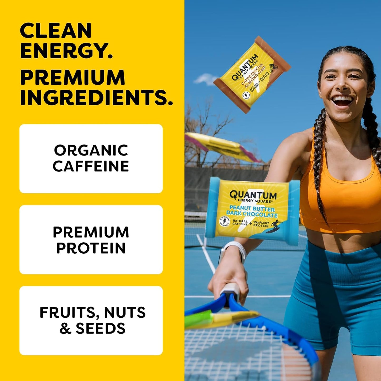 Vegan Quantum Energy Square - Caffeine & 10g Protein Bar Variety Pack - Gluten-Free, Soy-Free, Dairy-Free Snack On the Go