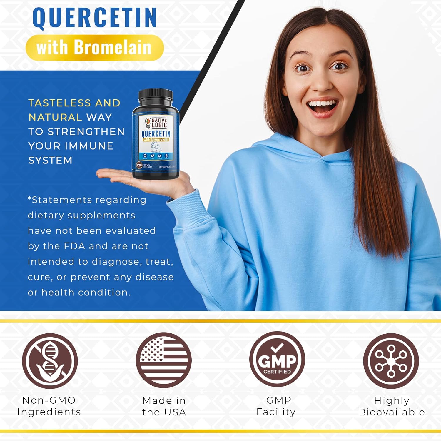 Vegan Quercetin with Bromelain Capsules for Immune and Joint Support, Antioxidant Supplement for Energy, 120 Veggie Caps