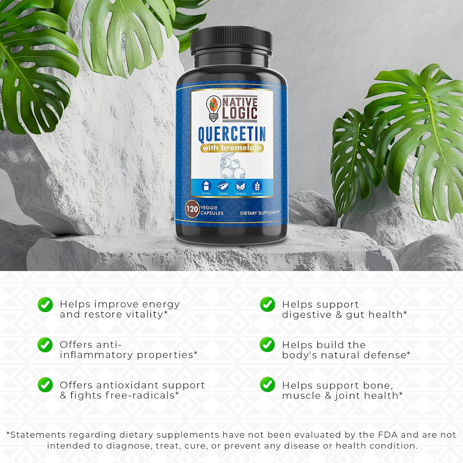 Vegan Quercetin with Bromelain Capsules for Immune and Joint Support, Antioxidant Supplement for Energy, 120 Veggie Caps