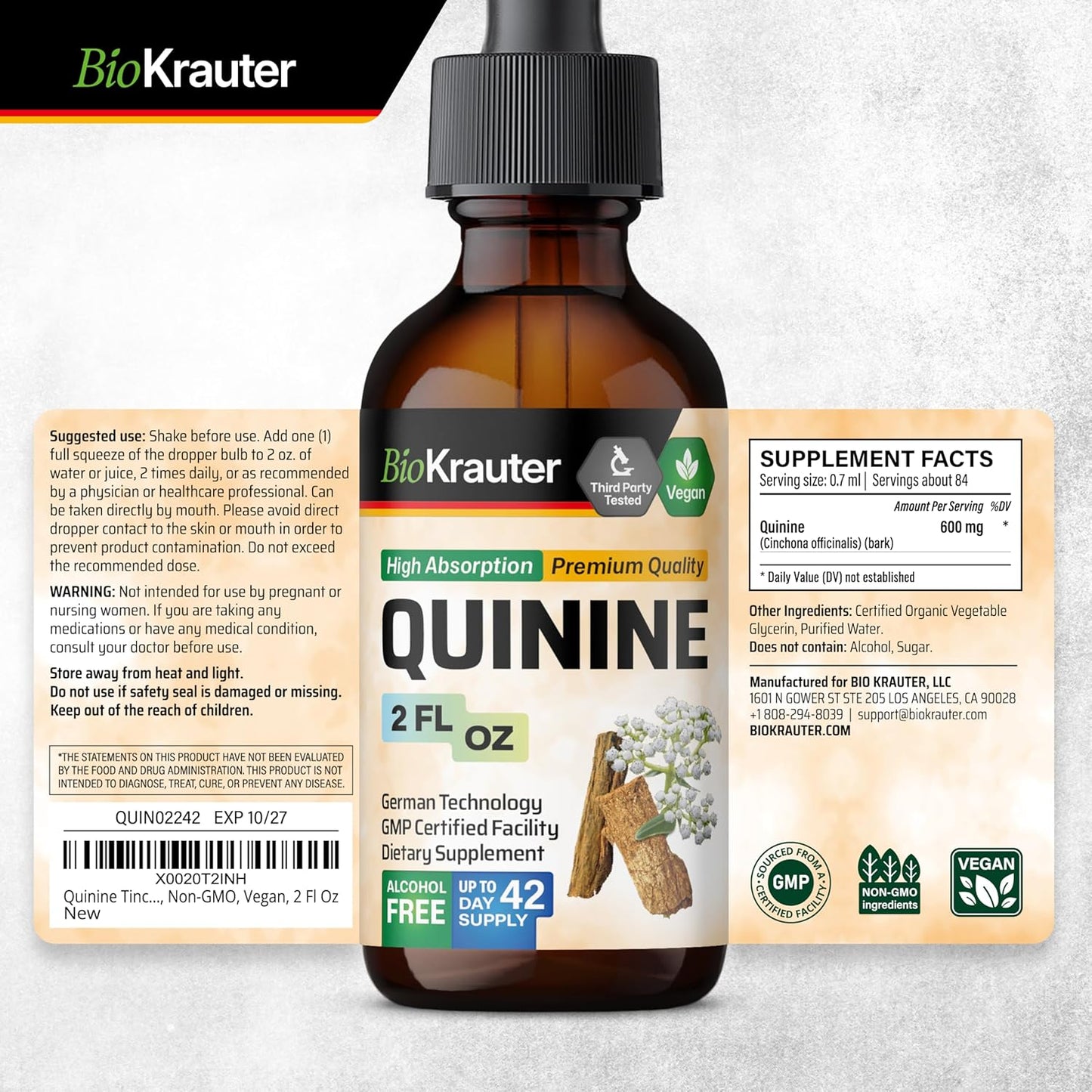 Vegan Quinine Tincture - Cinchona Bark Extract - Alcohol & Sugar Free - Leg Cramp Relief - 2 Fl.Oz.