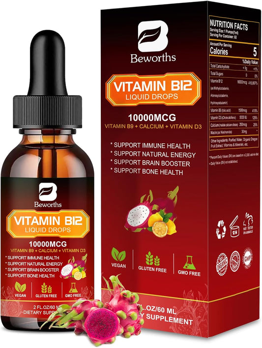 Vegan Raspberry Flavored B BEWORTHS Vitamin B12 Liquid Drops, 10,000 mcg, Supports Energy, Immunity & Brain Health, Fast Absorption, 2 fl oz, Non-GMO, Gluten Free