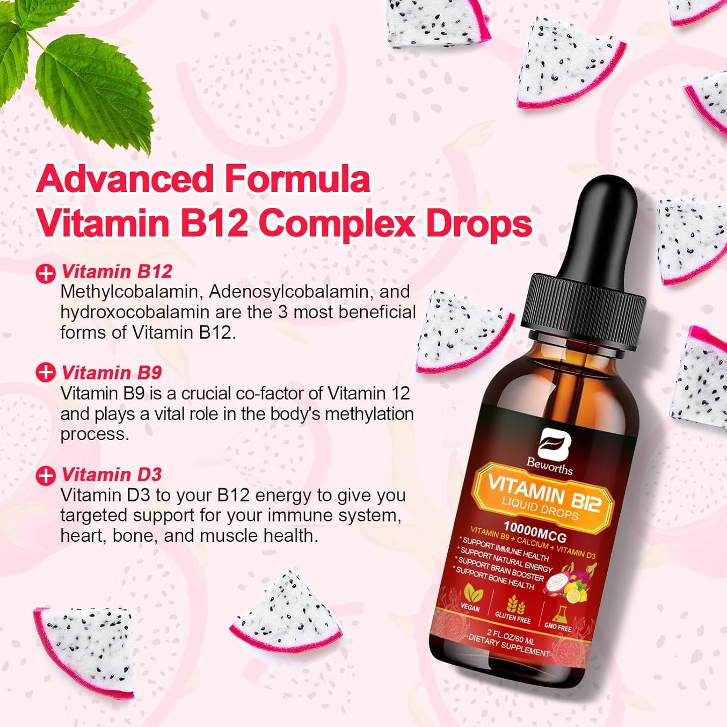 Vegan Raspberry Flavored B BEWORTHS Vitamin B12 Liquid Drops, 10,000 mcg, Supports Energy, Immunity & Brain Health, Fast Absorption, 2 fl oz, Non-GMO, Gluten Free