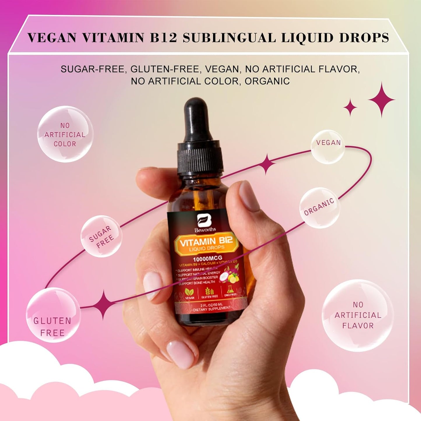 Vegan Raspberry Flavored B BEWORTHS Vitamin B12 Liquid Drops, 10,000 mcg, Supports Energy, Immunity & Brain Health, Fast Absorption, 2 fl oz, Non-GMO, Gluten Free