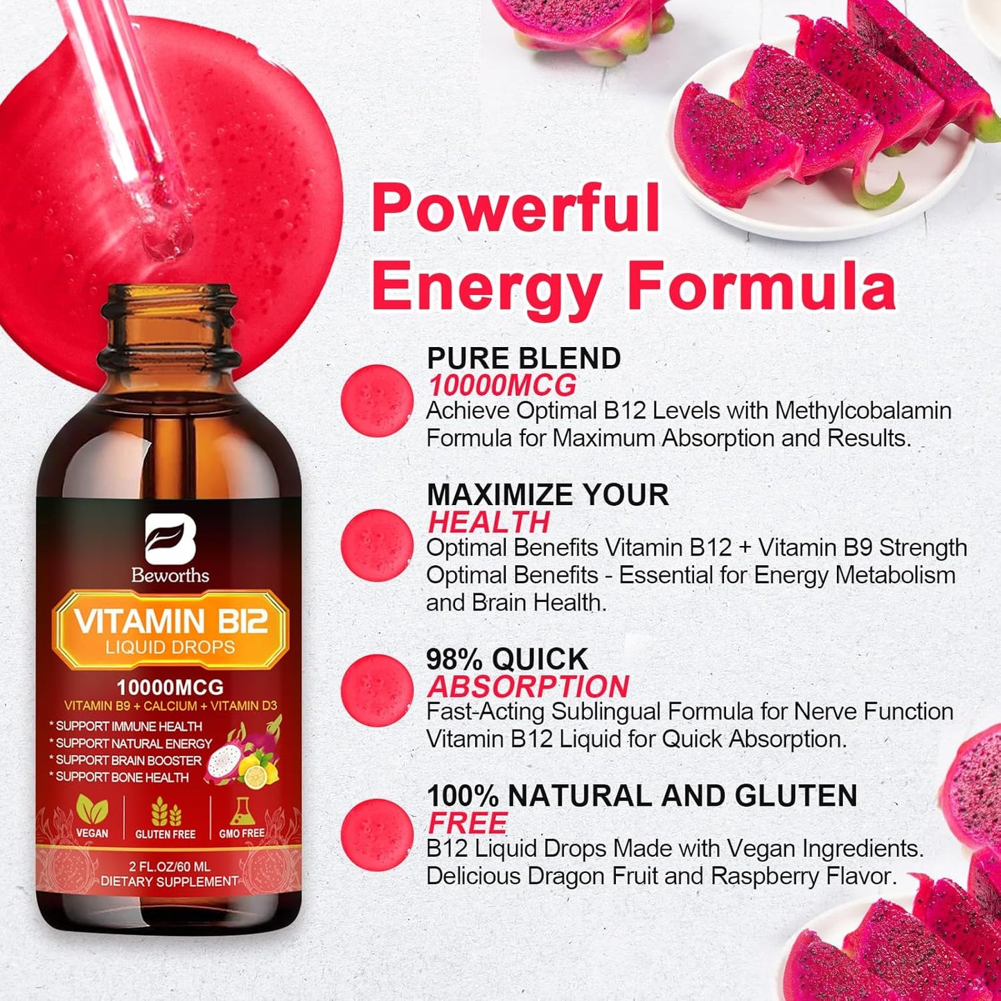Vegan Raspberry Flavored B BEWORTHS Vitamin B12 Liquid Drops, 10,000 mcg, Supports Energy, Immunity & Brain Health, Fast Absorption, 2 fl oz, Non-GMO, Gluten Free