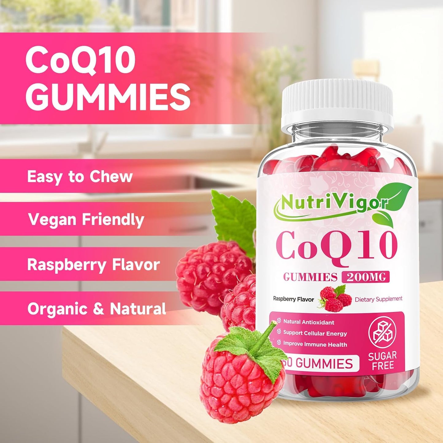 Vegan Raspberry Flavored CoQ10 Gummies - High Absorption 200mg Supplement for Cellular Energy and Immune Health - Gluten Free - 120 Count