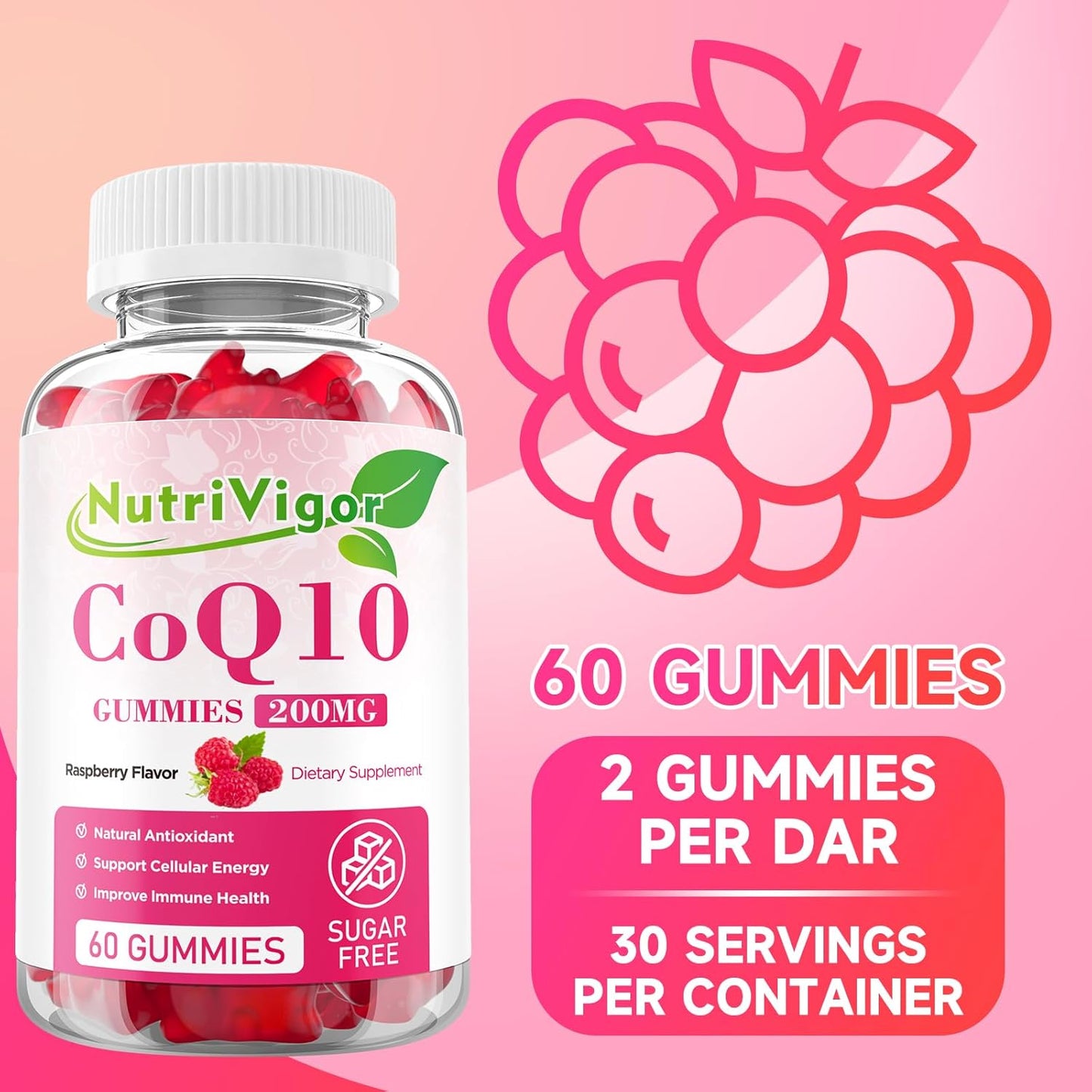 Vegan Raspberry Flavored CoQ10 Gummies - High Absorption 200mg Supplement for Cellular Energy and Immune Health - Gluten Free - 120 Count