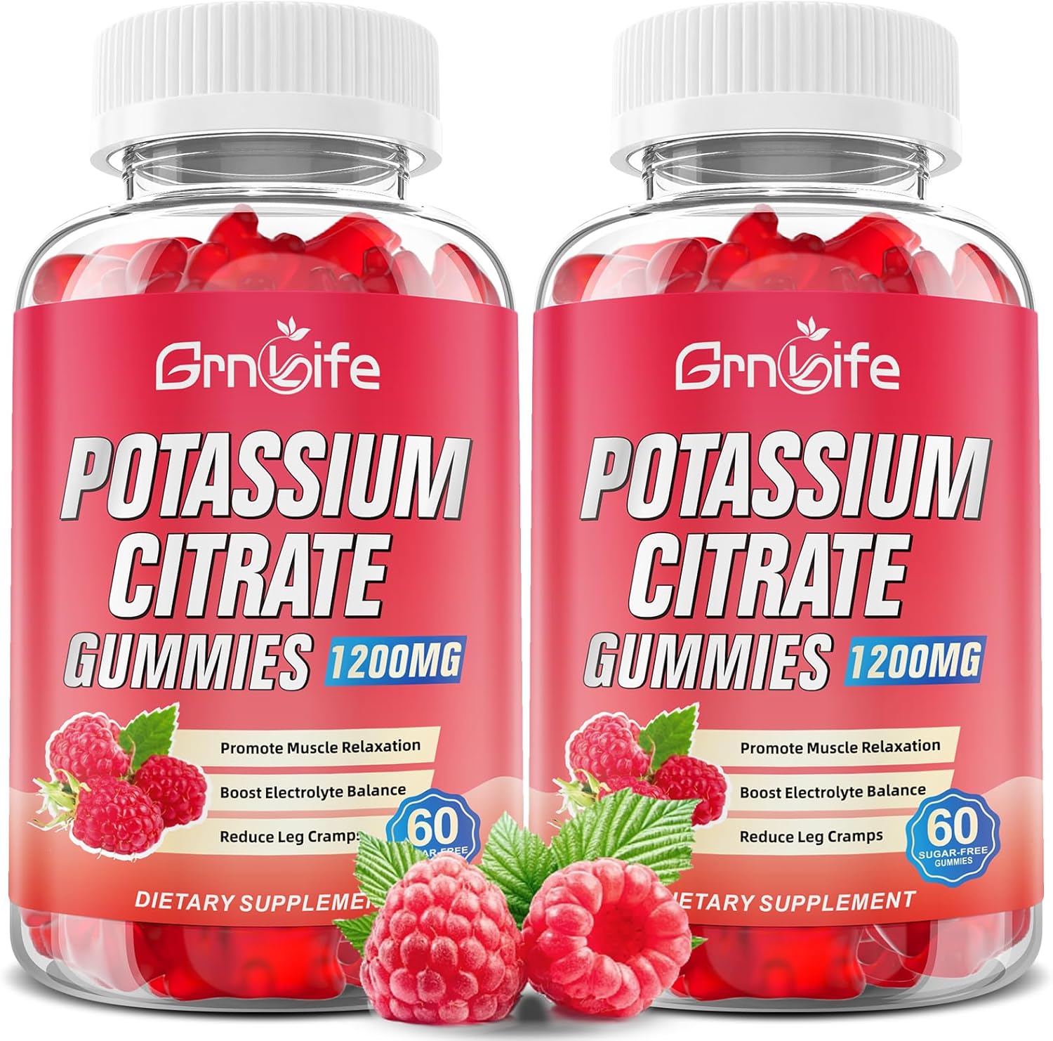 Vegan Raspberry Flavored Potassium Citrate Gummies - 1200mg Supplement for Leg Cramps & Muscle Health - 120 Count for Adults & Kids