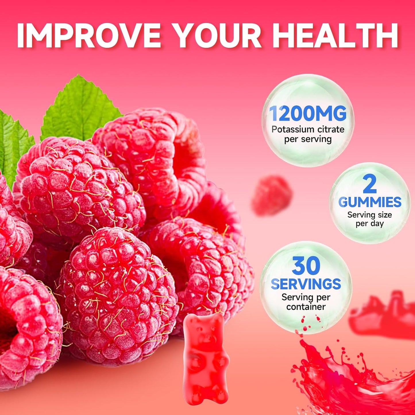Vegan Raspberry Flavored Potassium Citrate Gummies - 1200mg Supplement for Leg Cramps & Muscle Health - 120 Count for Adults & Kids