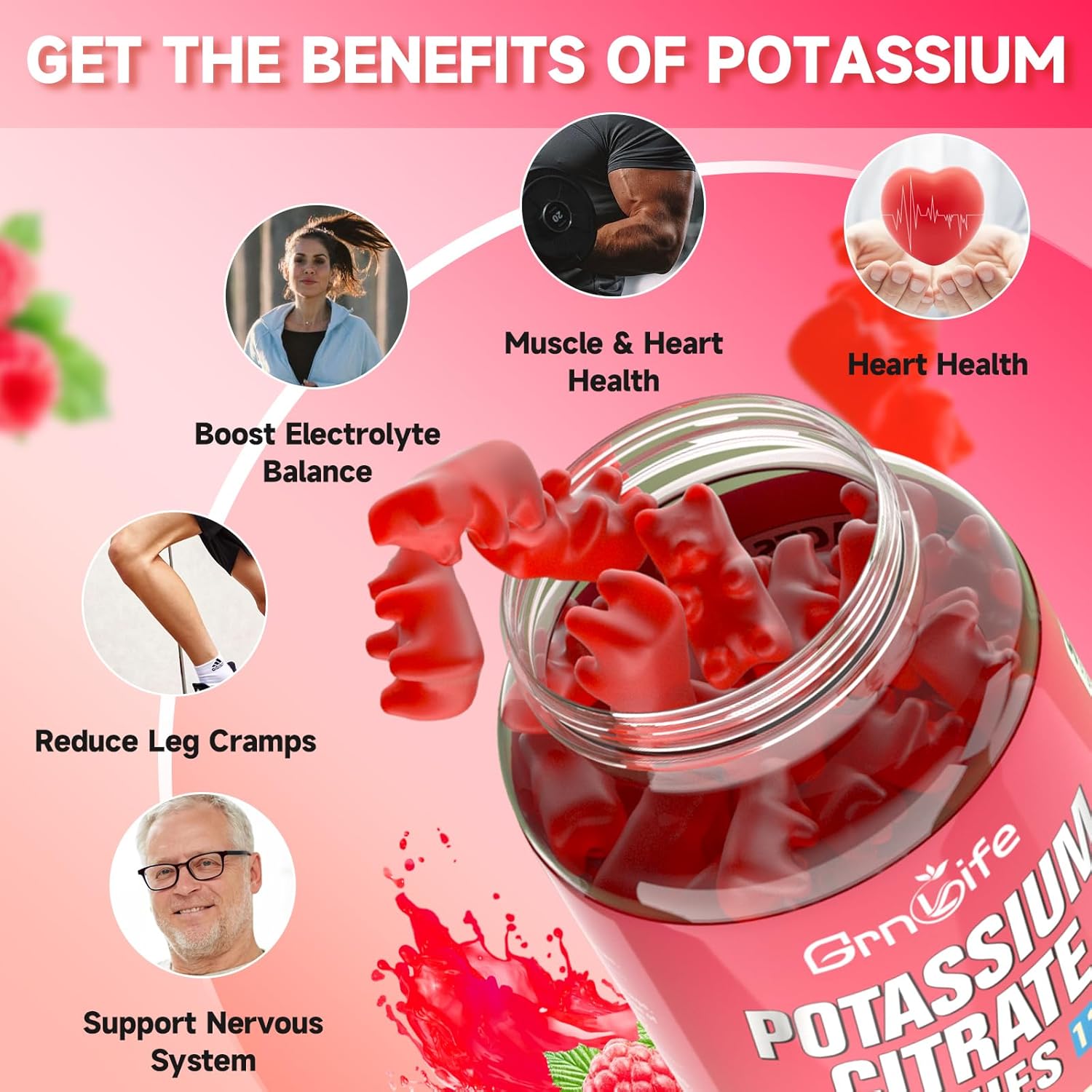 Vegan Raspberry Flavored Potassium Citrate Gummies - 1200mg Supplement for Leg Cramps & Muscle Health - 120 Count for Adults & Kids