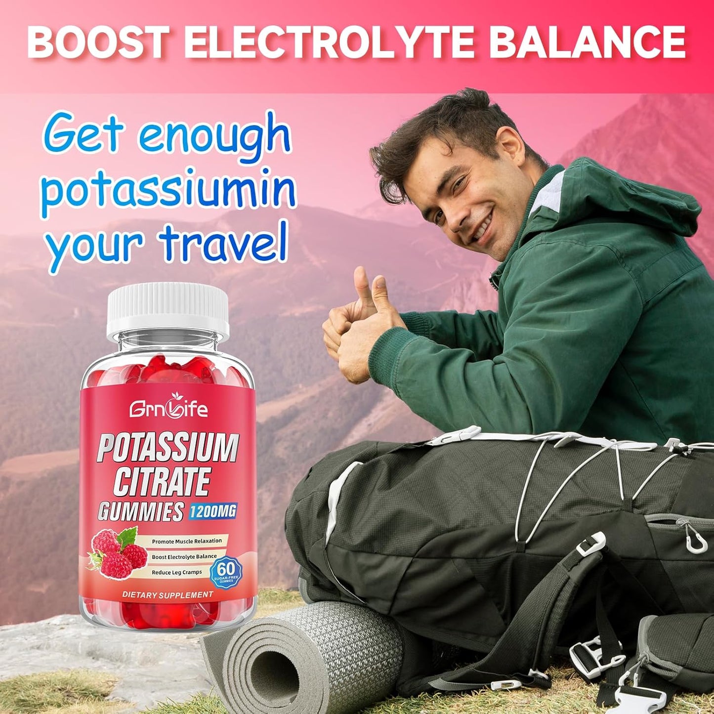 Vegan Raspberry Flavored Potassium Citrate Gummies - 1200mg Supplement for Leg Cramps & Muscle Health - 120 Count for Adults & Kids