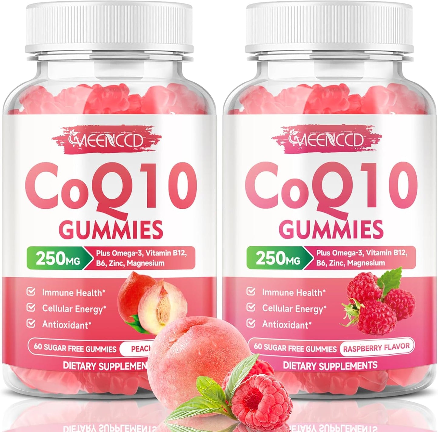 Vegan Raspberry & Peach Flavored CoQ10 Gummies - 250mg High Absorption Supplement for Cellular Energy & Antioxidant Support by MEENCCD