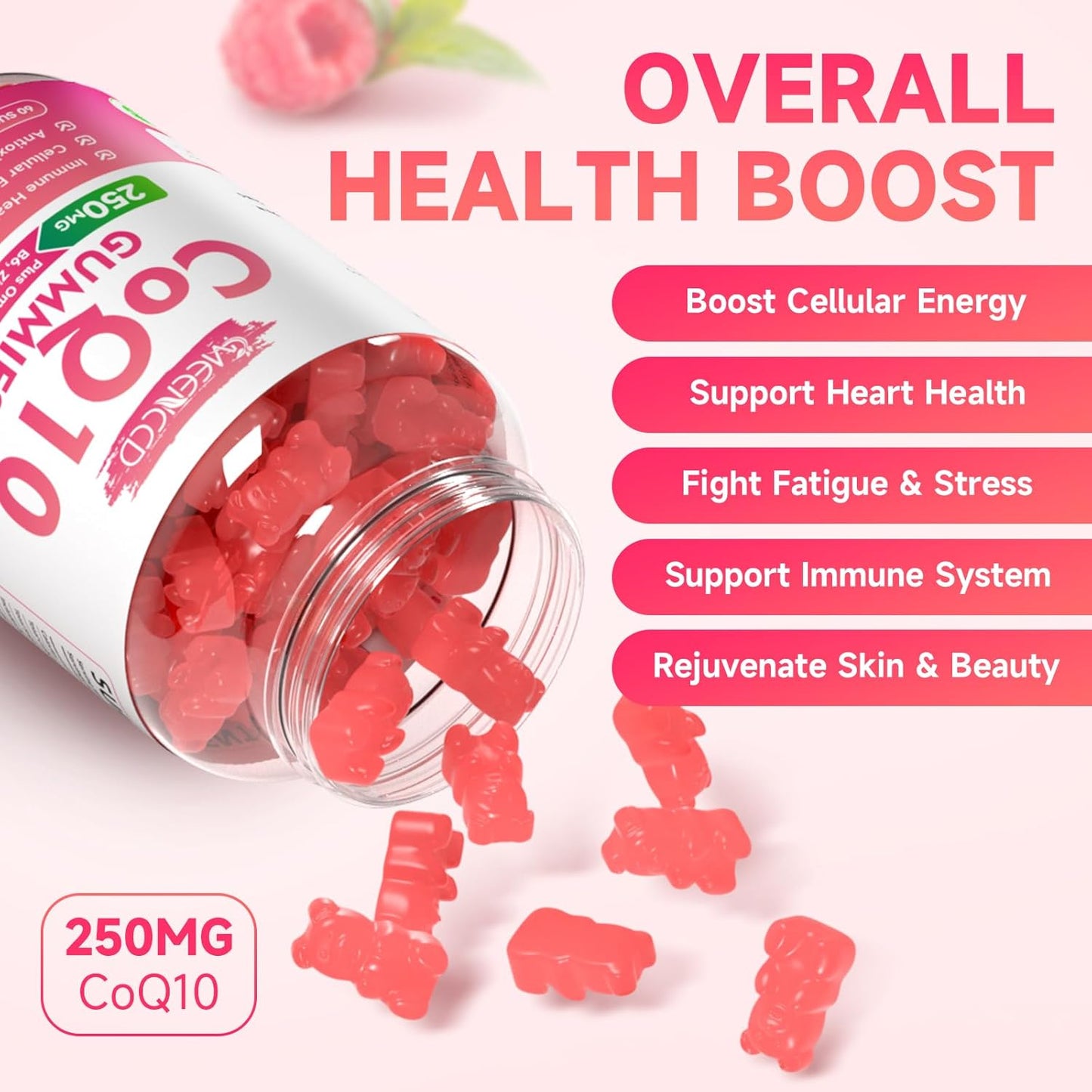 Vegan Raspberry & Peach Flavored CoQ10 Gummies - 250mg High Absorption Supplement for Cellular Energy & Antioxidant Support by MEENCCD