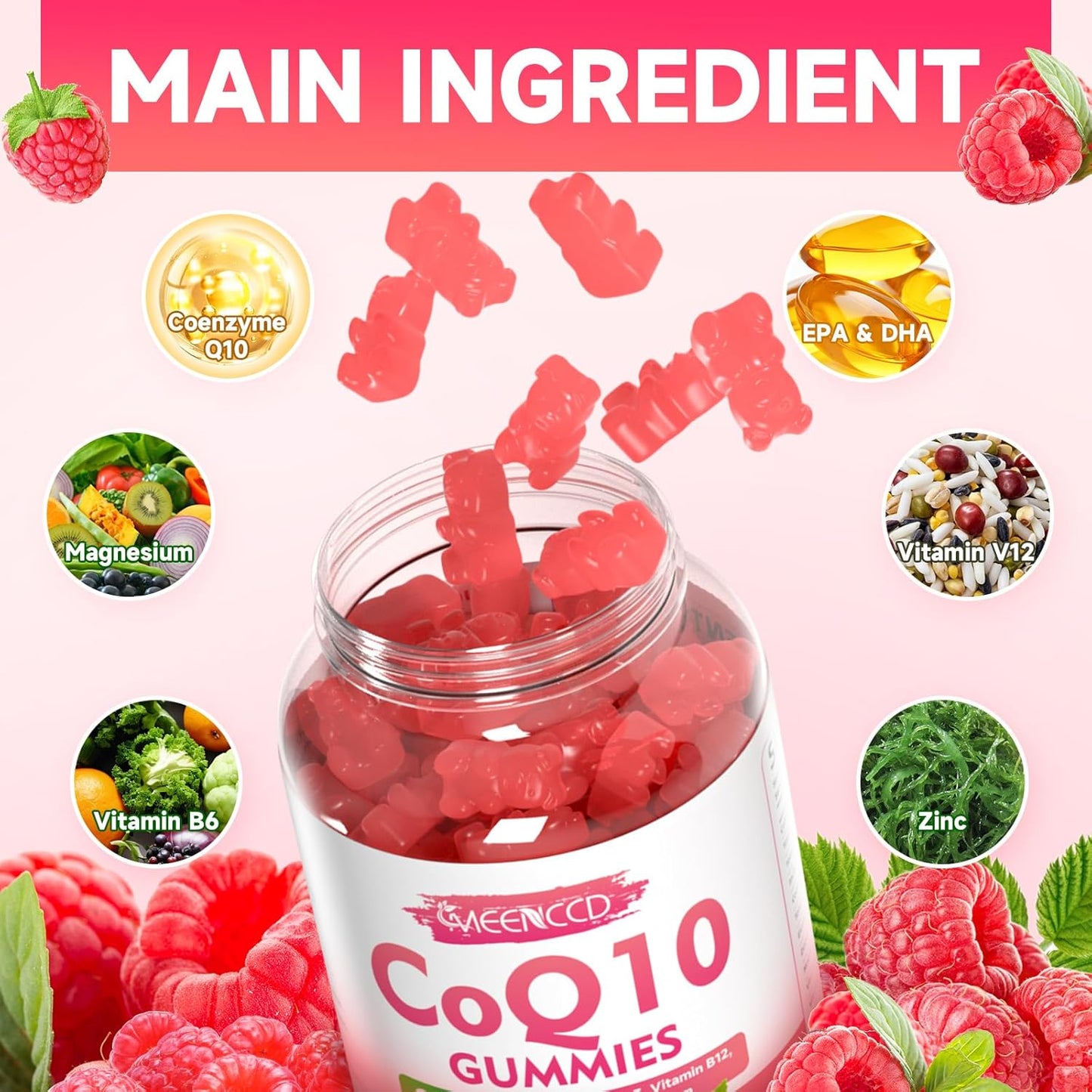 Vegan Raspberry & Peach Flavored CoQ10 Gummies - 250mg High Absorption Supplement for Cellular Energy & Antioxidant Support by MEENCCD