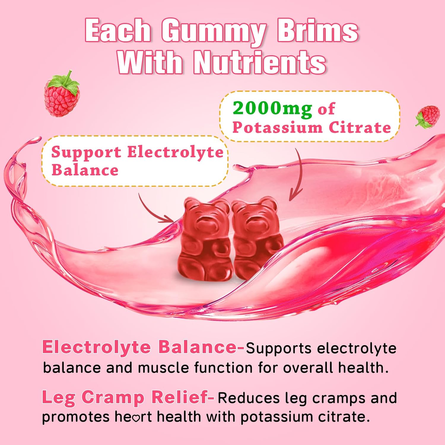 Vegan Raspberry Potassium Citrate Gummies for Muscle Health & Electrolyte Balance - 2 Pack, 120 Count