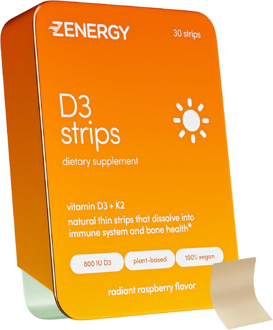 Vegan Raspberry ZENERGY D3 Oral Strips with Vitamin K - 800 IU D3 + 120mcg | Plant-Based Instant Action Supplement - 30 Strips