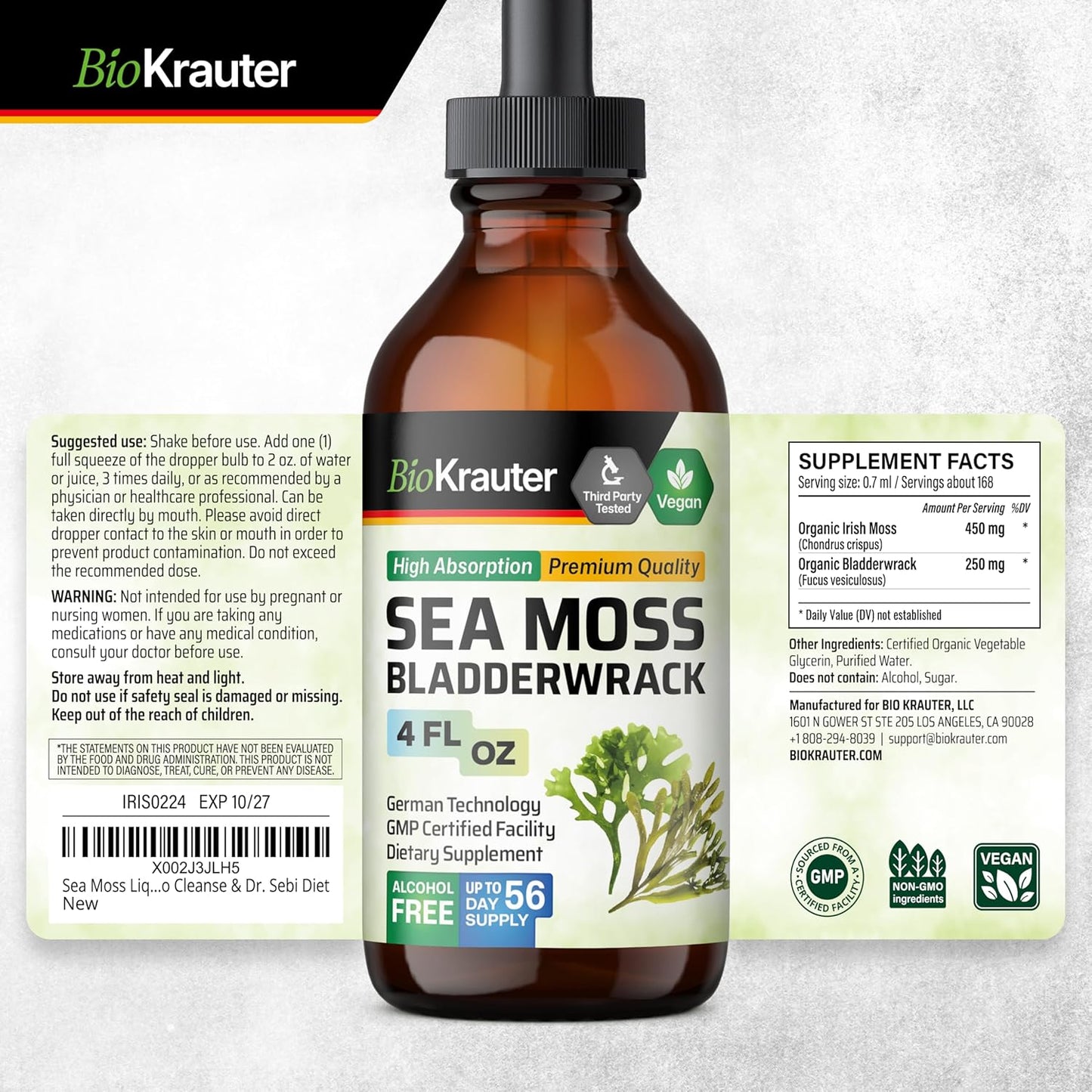 Vegan Sea Moss and Bladderwrack Drops for Immune Support - Alcohol & Sugar Free - 4 Fl.Oz.