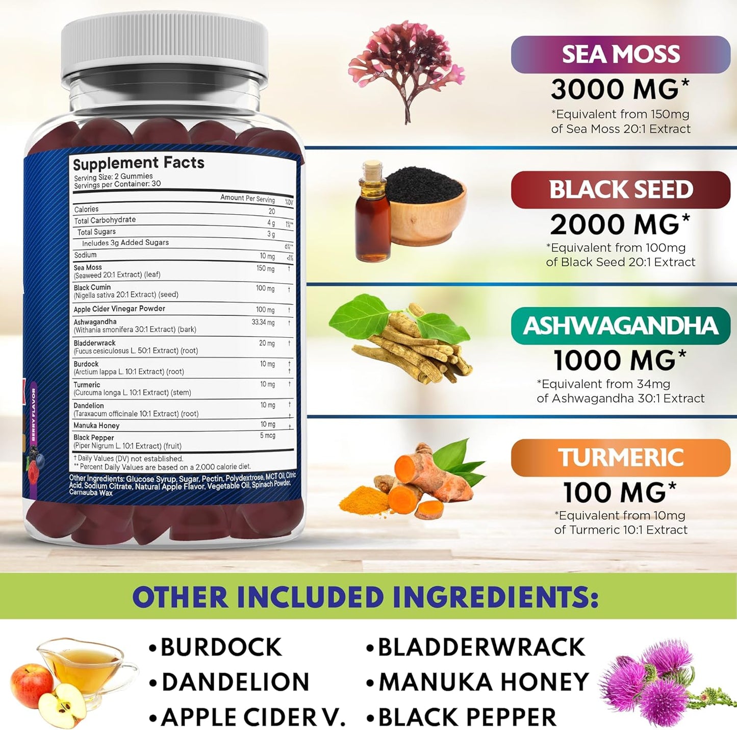 Vegan Sea Moss Gummies with Superfoods and Herbs - 180 Count