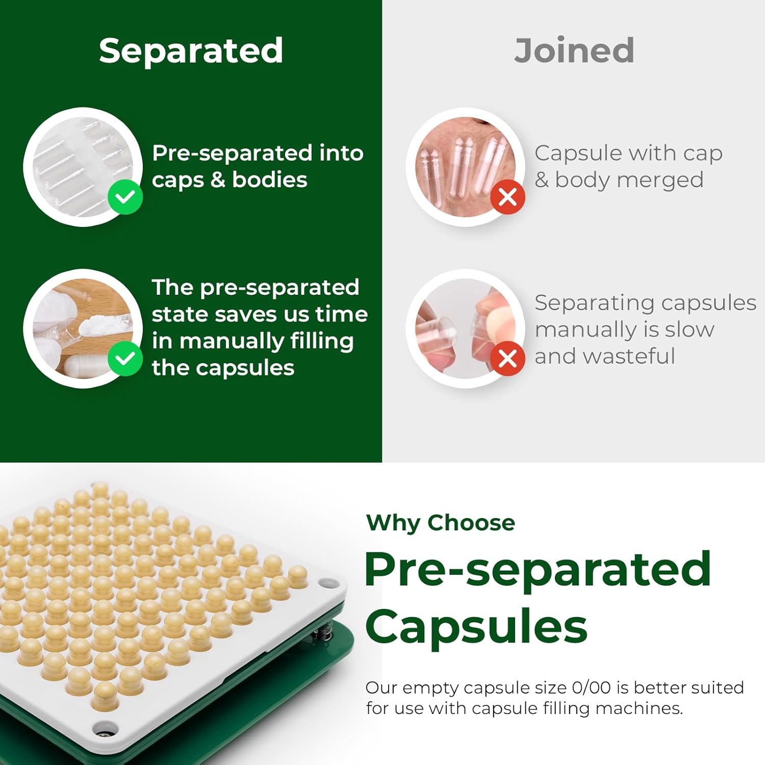 Vegan Size 0 Empty Capsules Filling Kit - 1,000 Caps + 1,000 Bodies, Plant Based, Gluten Free, Non-GMO, Halal Certified Supplement Making Kit for DIY Vegetarians