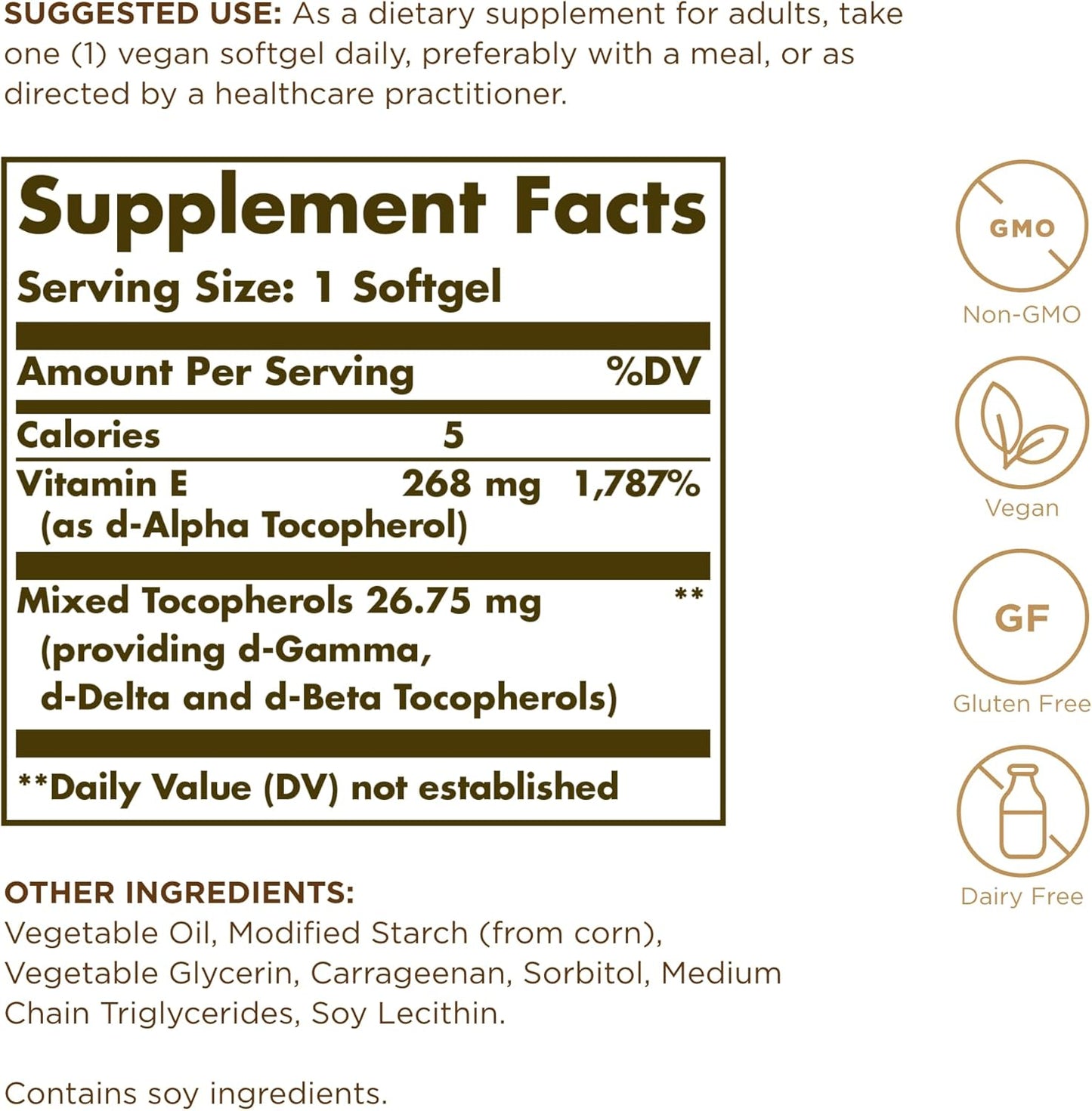 Vegan Softgels with 268 mg Vitamin E, 400 IU - Non-GMO, Gluten Free - 100 Servings - Naturally Sourced