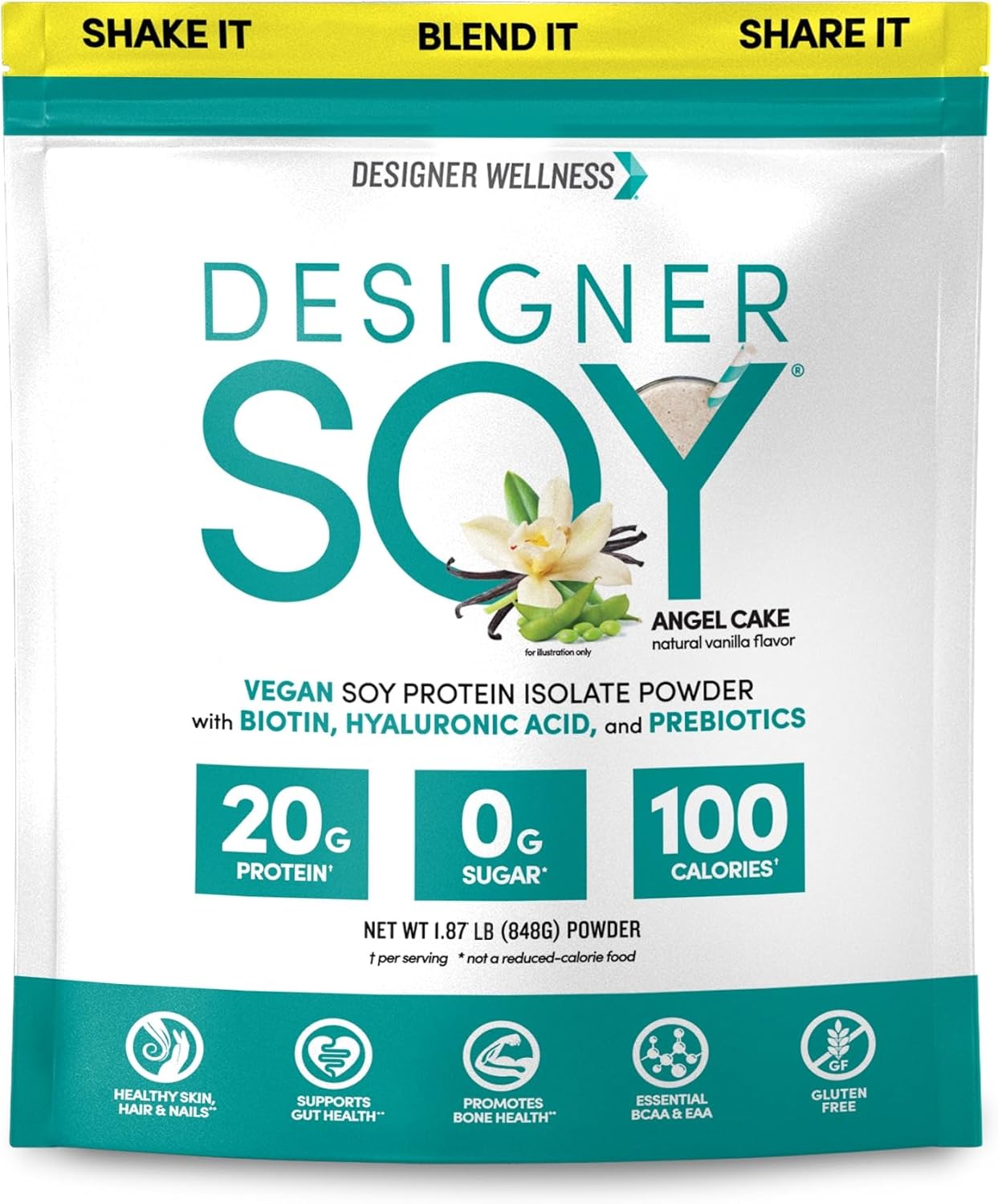 Vegan Soy Isolate Protein Powder with Biotin, Hyaluronic Acid, Prebiotics - Angel Cake Vanilla, 1.87 lb