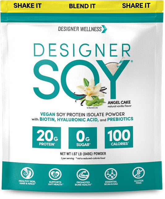 Vegan Soy Isolate Protein Powder with Biotin, Hyaluronic Acid, Prebiotics - Angel Cake Vanilla, 1.87 lb