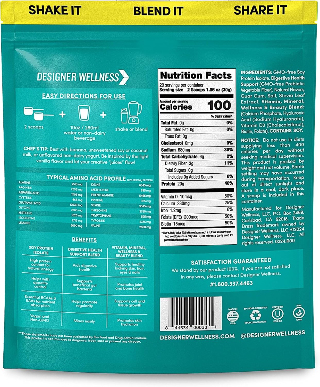 Vegan Soy Isolate Protein Powder with Biotin, Hyaluronic Acid, Prebiotics - Angel Cake Vanilla, 1.87 lb