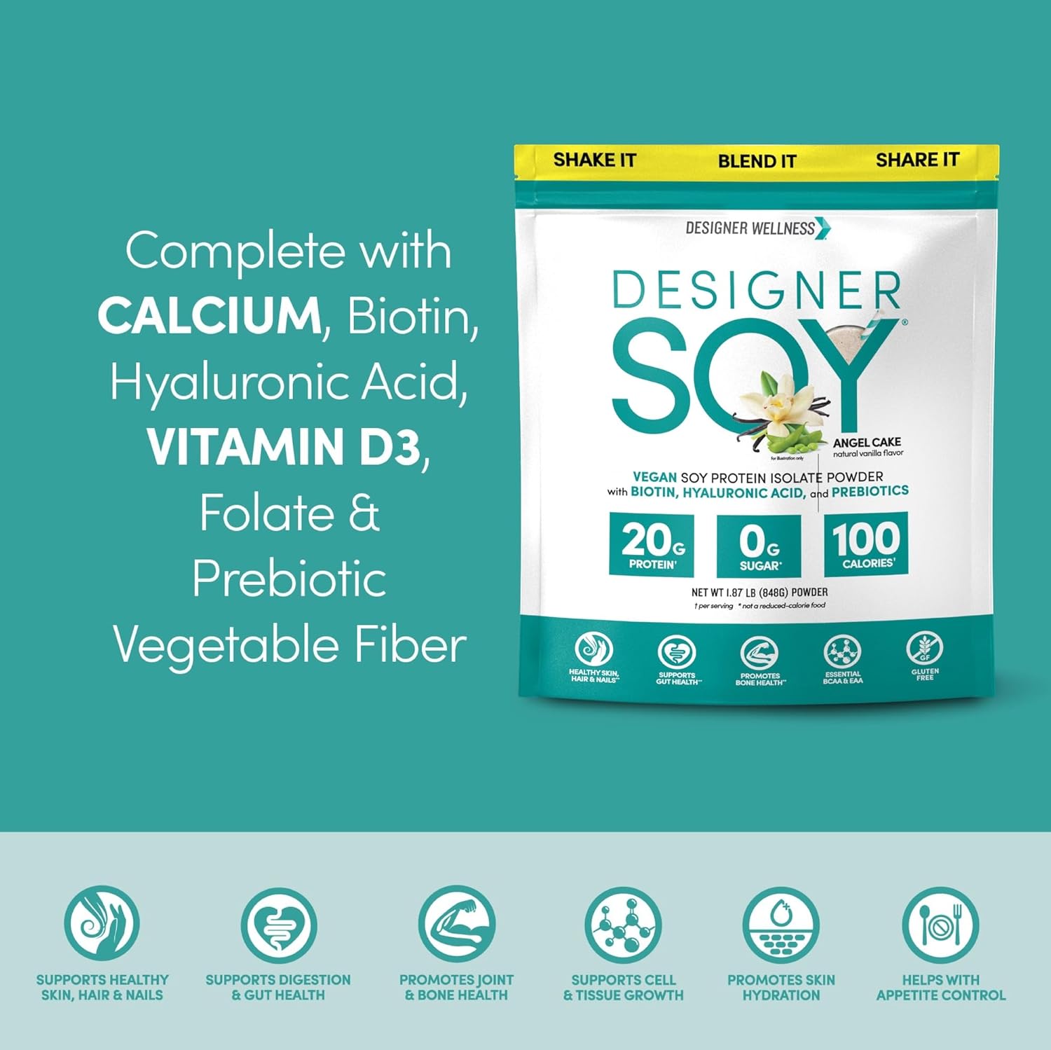 Vegan Soy Isolate Protein Powder with Biotin, Hyaluronic Acid, Prebiotics - Angel Cake Vanilla, 1.87 lb