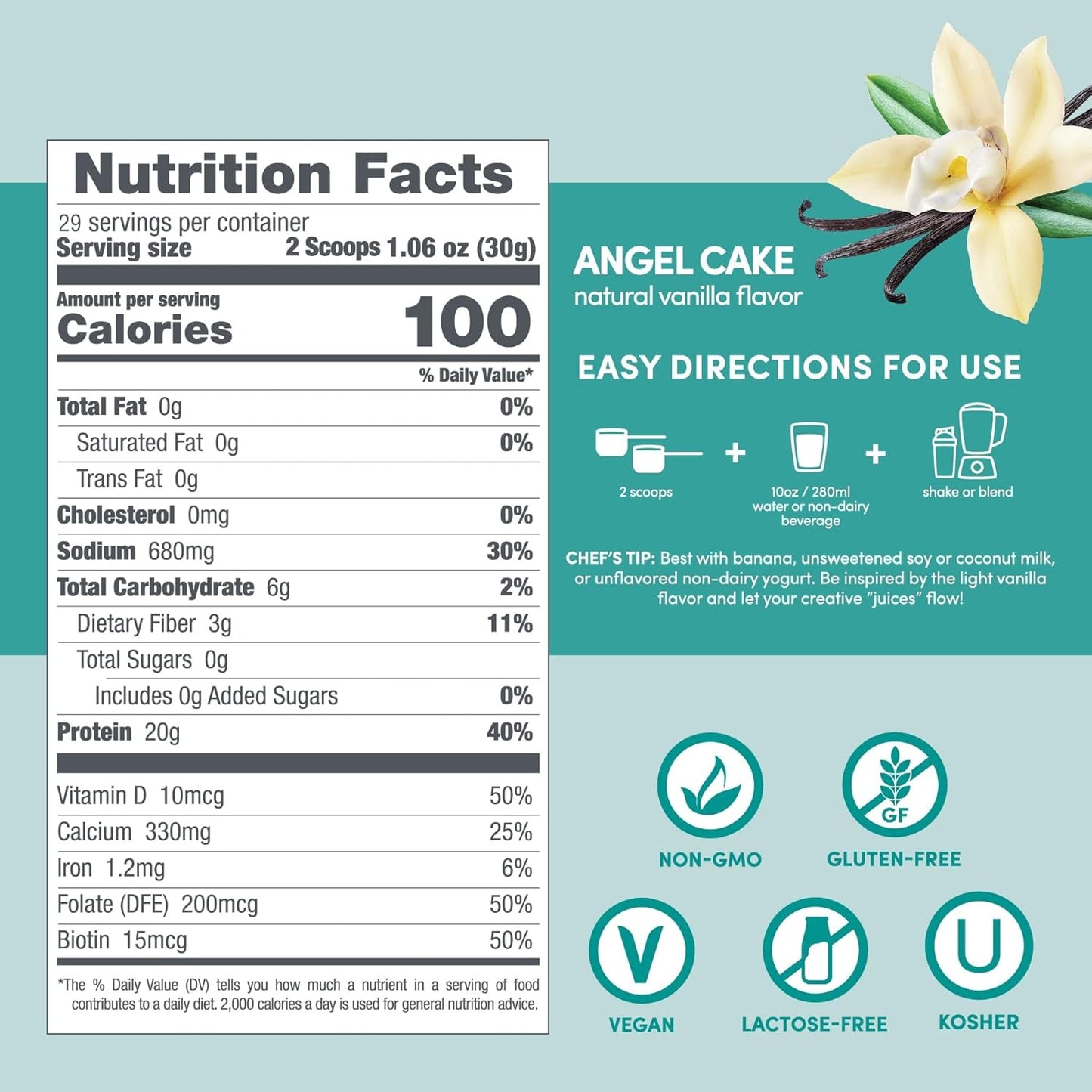 Vegan Soy Isolate Protein Powder with Biotin, Hyaluronic Acid, Prebiotics - Angel Cake Vanilla, 1.87 lb