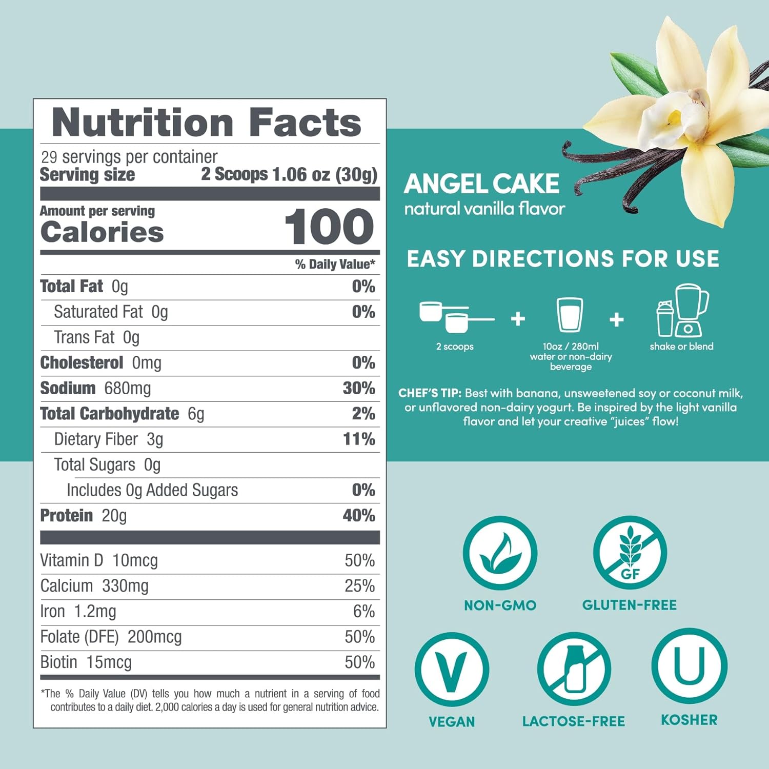 Vegan Soy Isolate Protein Powder with Biotin, Hyaluronic Acid, Prebiotics - Angel Cake Vanilla, 1.87 lb