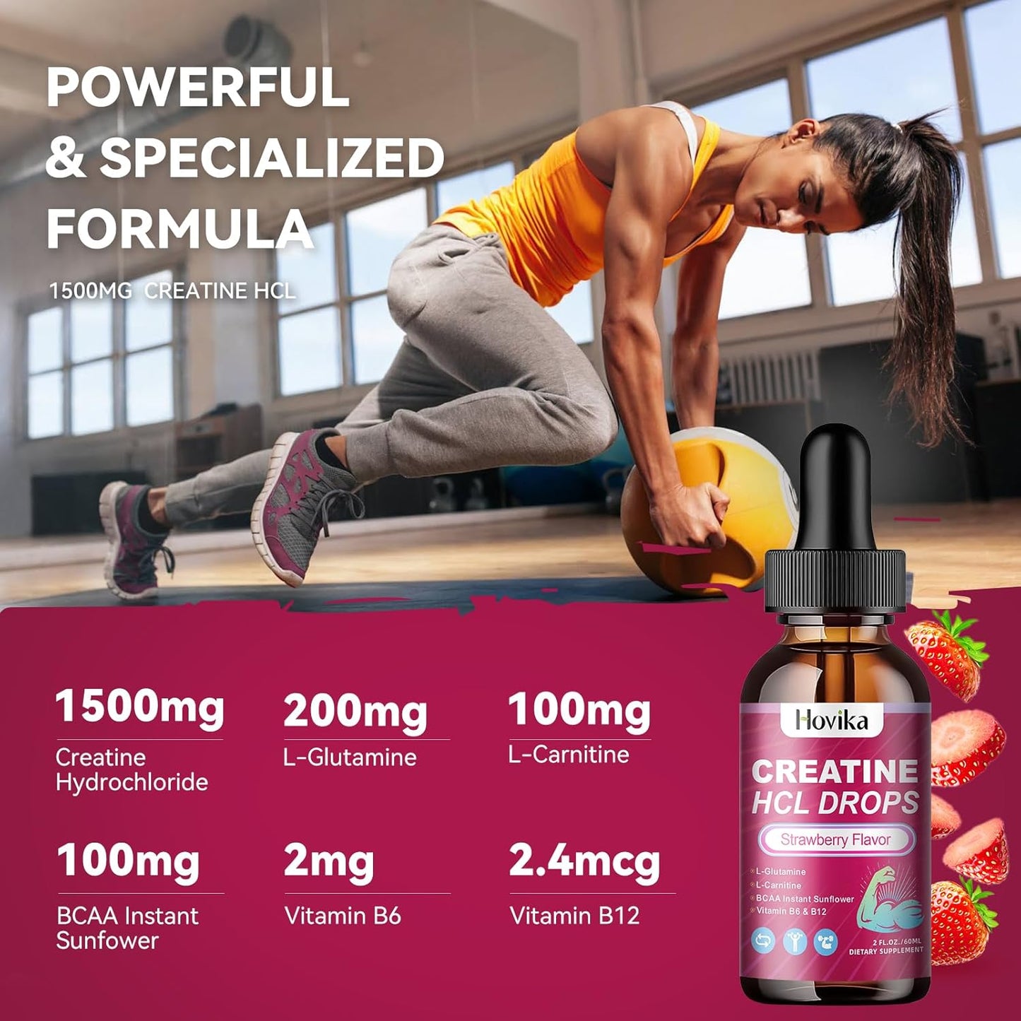 Vegan Strawberry Flavored Creatine HCL Liquid Drops with BCAAs and Vitamins for Muscle Growth and Energy - 2 Fl Oz