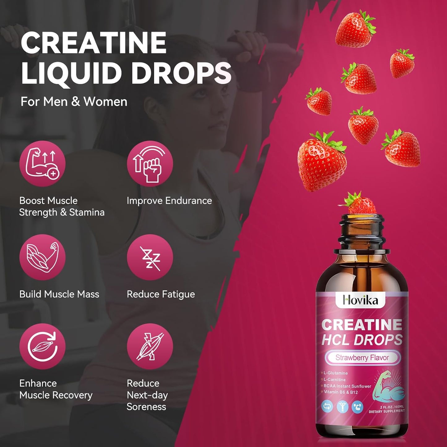 Vegan Strawberry Flavored Creatine HCL Liquid Drops with BCAAs and Vitamins for Muscle Growth and Energy - 2 Fl Oz
