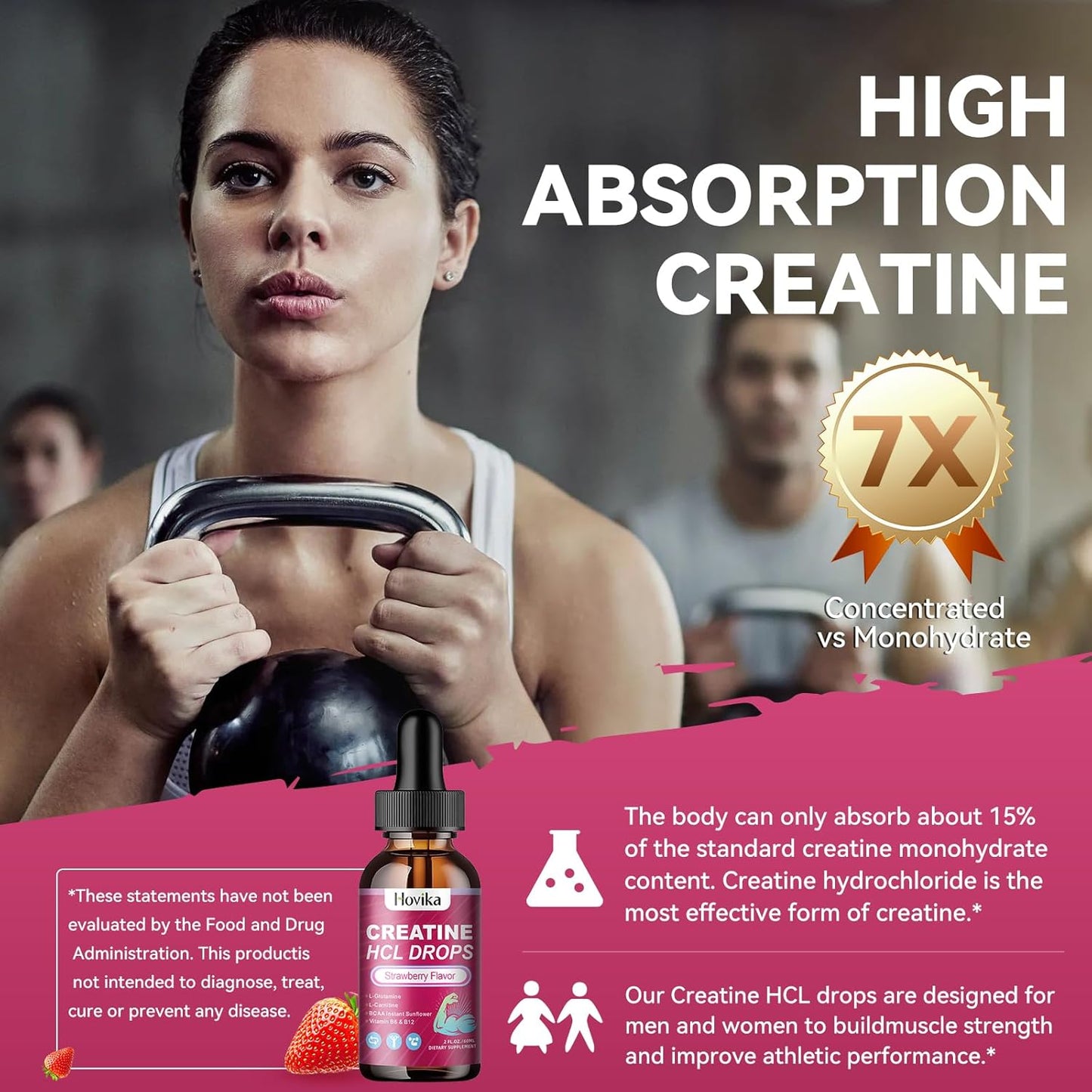 Vegan Strawberry Flavored Creatine HCL Liquid Drops with BCAAs and Vitamins for Muscle Growth and Energy - 2 Fl Oz