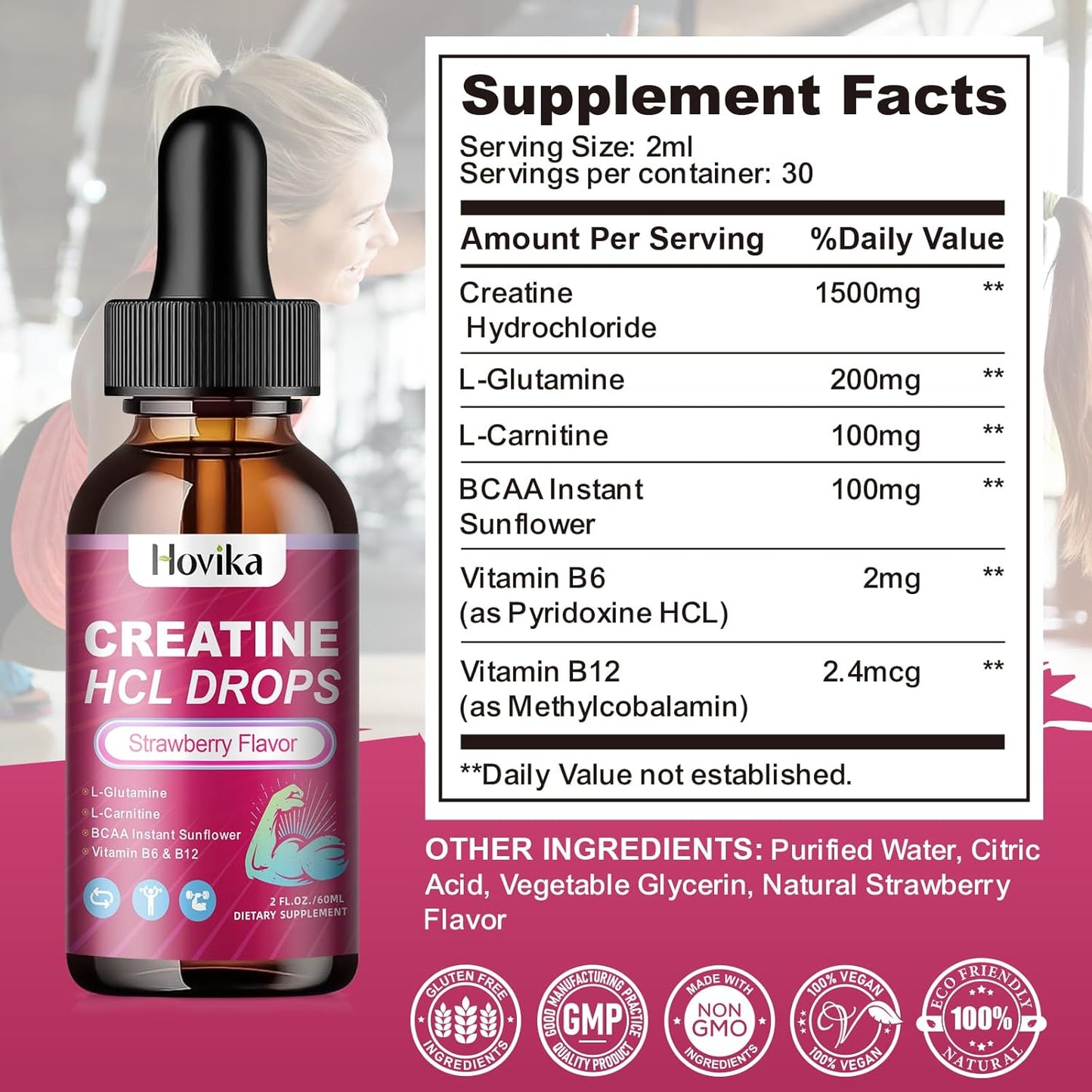 Vegan Strawberry Flavored Creatine HCL Liquid Drops with BCAAs and Vitamins for Muscle Growth and Energy - 2 Fl Oz