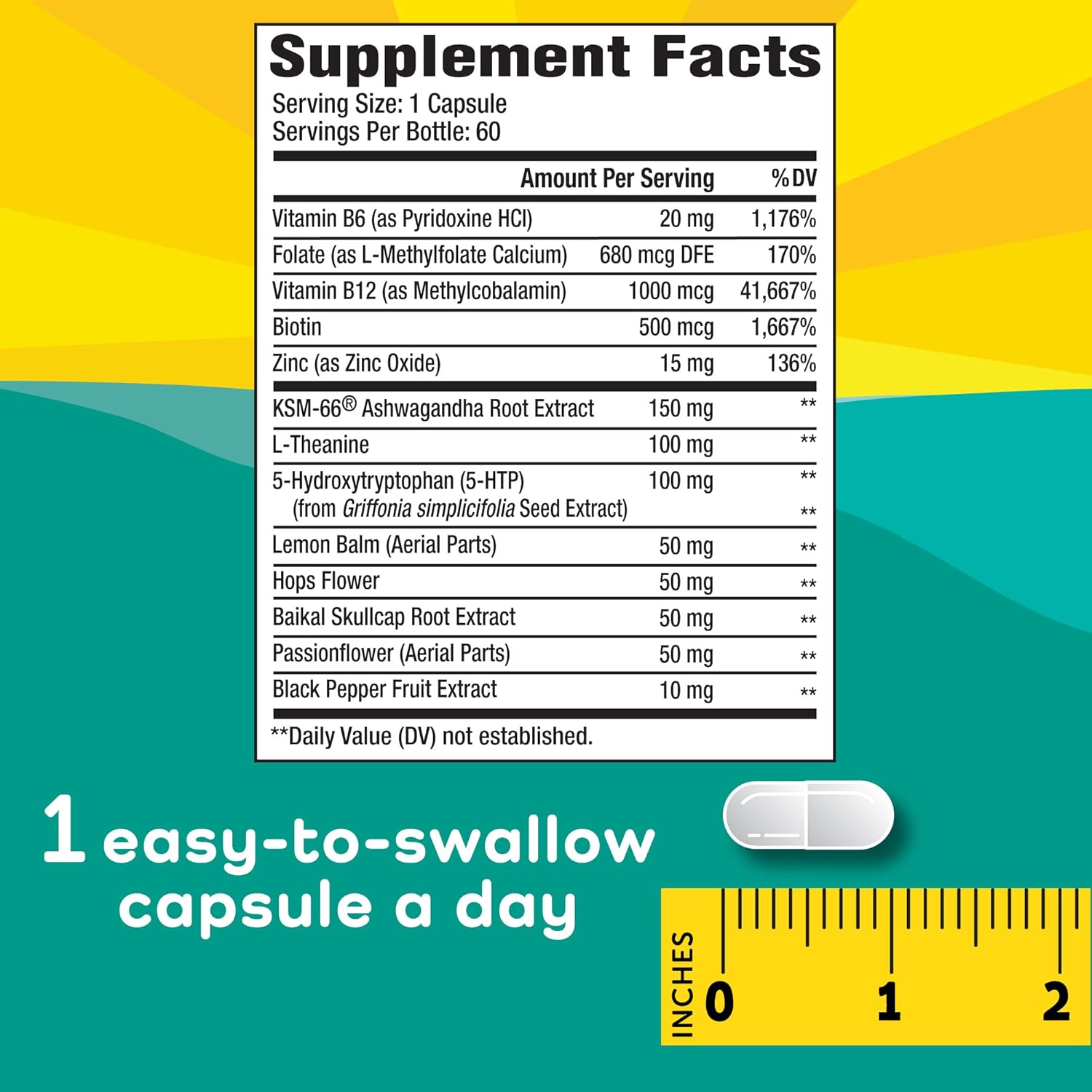 Vegan Stress Relief Aid for Teens with Pyridoxine B6 and L-Theanine - 60 Capsules