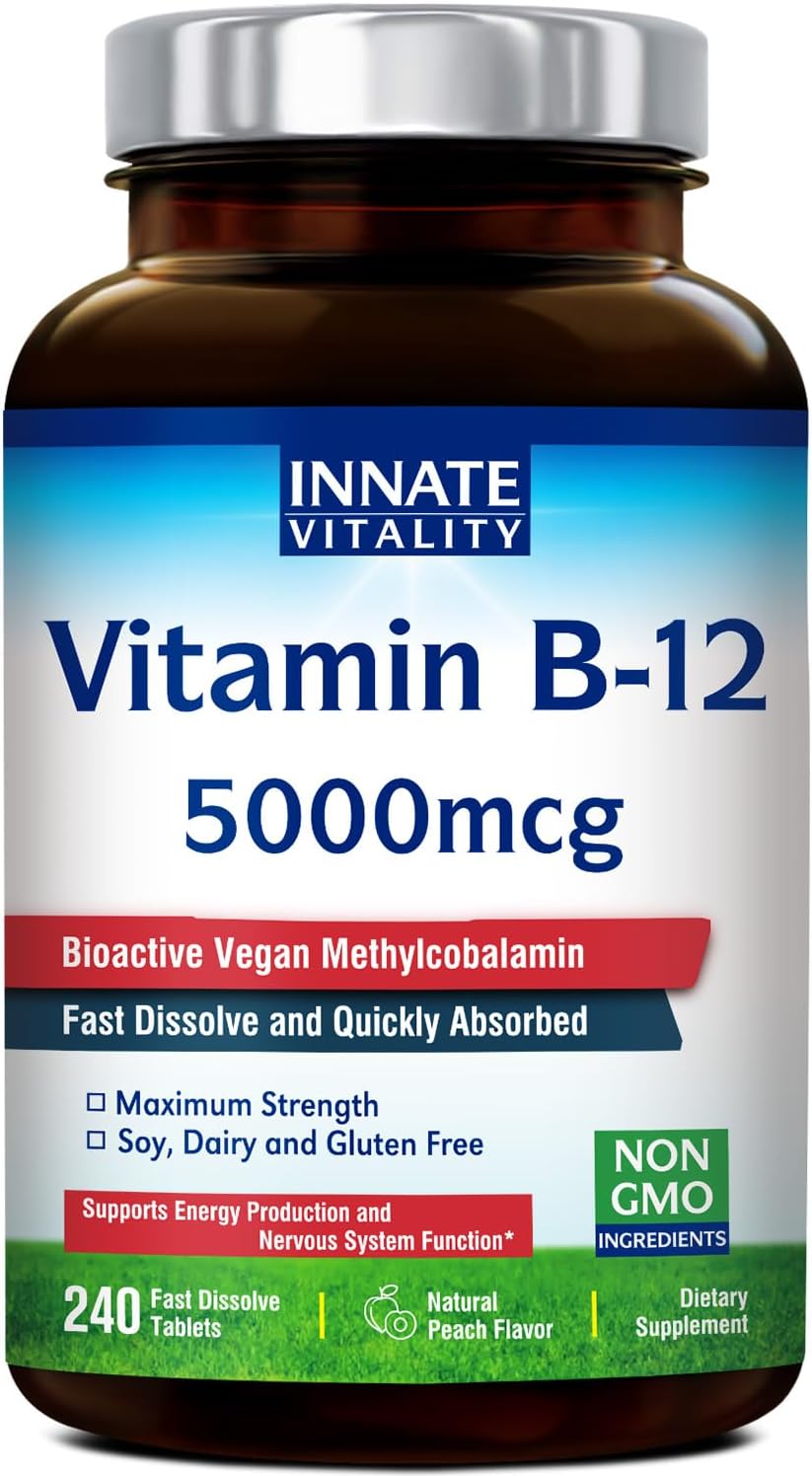 Vegan Sublingual Vitamin B12 5000mcg Tablets, Peach Flavor, Supports Energy & Nervous System, 240 Fast Dissolve Tablets