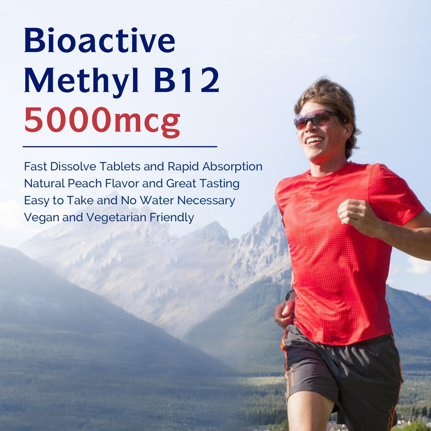 Vegan Sublingual Vitamin B12 5000mcg Tablets, Peach Flavor, Supports Energy & Nervous System, 240 Fast Dissolve Tablets