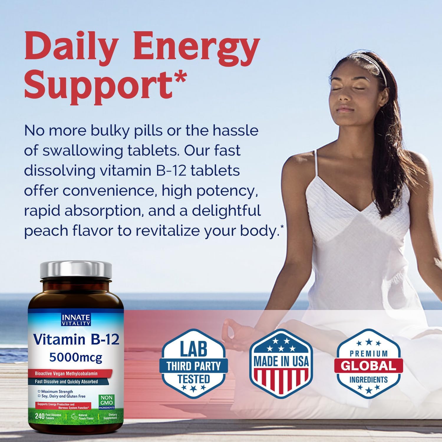 Vegan Sublingual Vitamin B12 5000mcg Tablets, Peach Flavor, Supports Energy & Nervous System, 240 Fast Dissolve Tablets