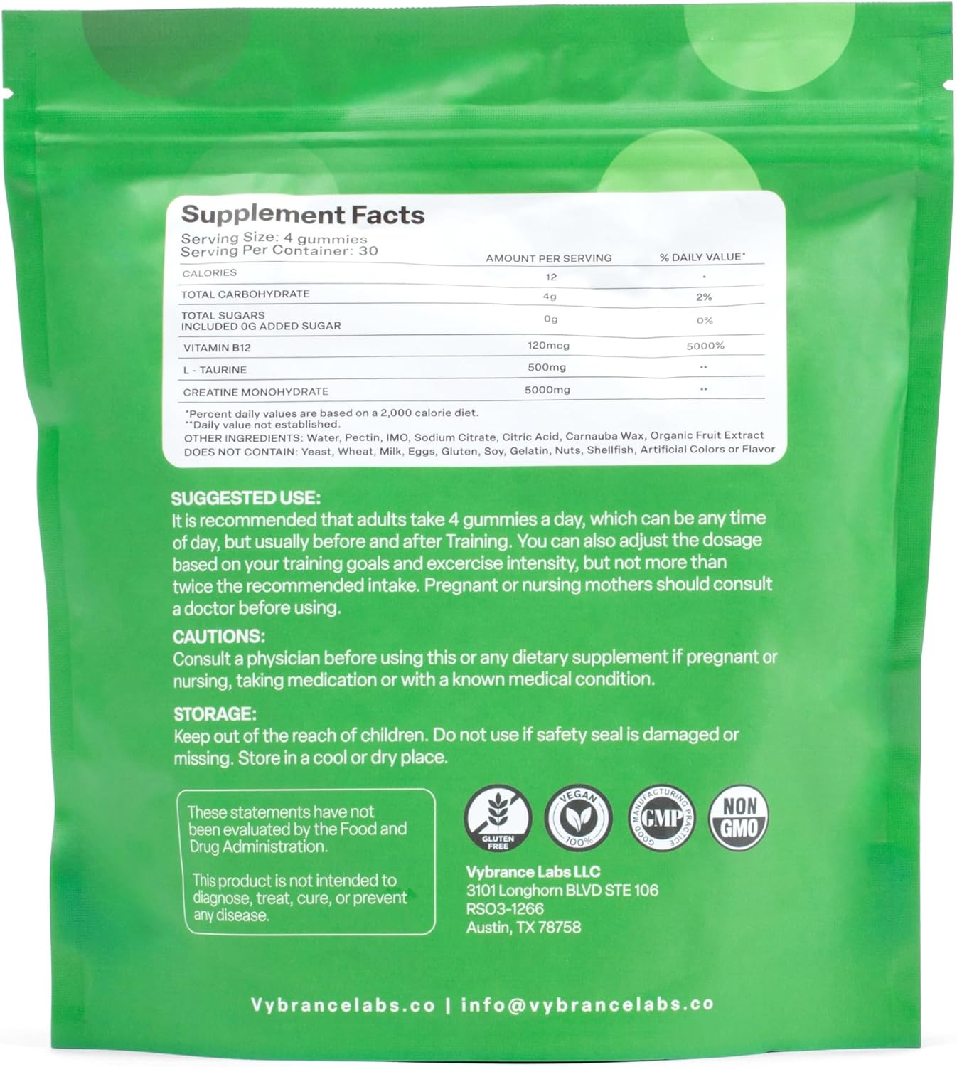 Vegan Sugar Free Creatine Gummies with Taurine & B12 - Boost Energy, Focus & Muscle | Gluten-Free | 120 ct Green Apple Flavor