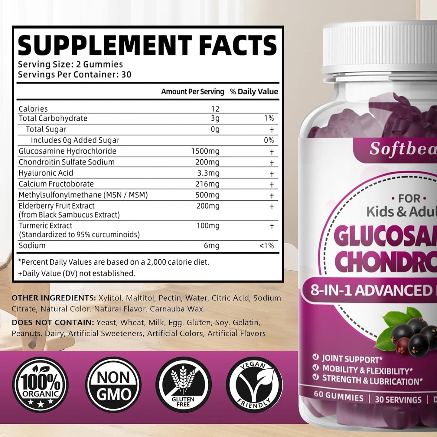 Vegan Sugar-Free Glucosamine Chondroitin MSM Gummies for Joint Health - Elderberry Flavor (120 Gummies)