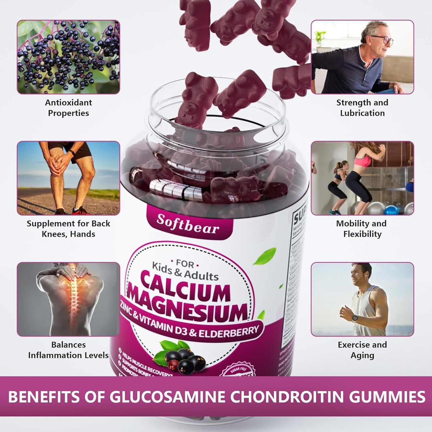 Vegan Sugar-Free Glucosamine Chondroitin MSM Gummies for Joint Health - Elderberry Flavor (120 Gummies)