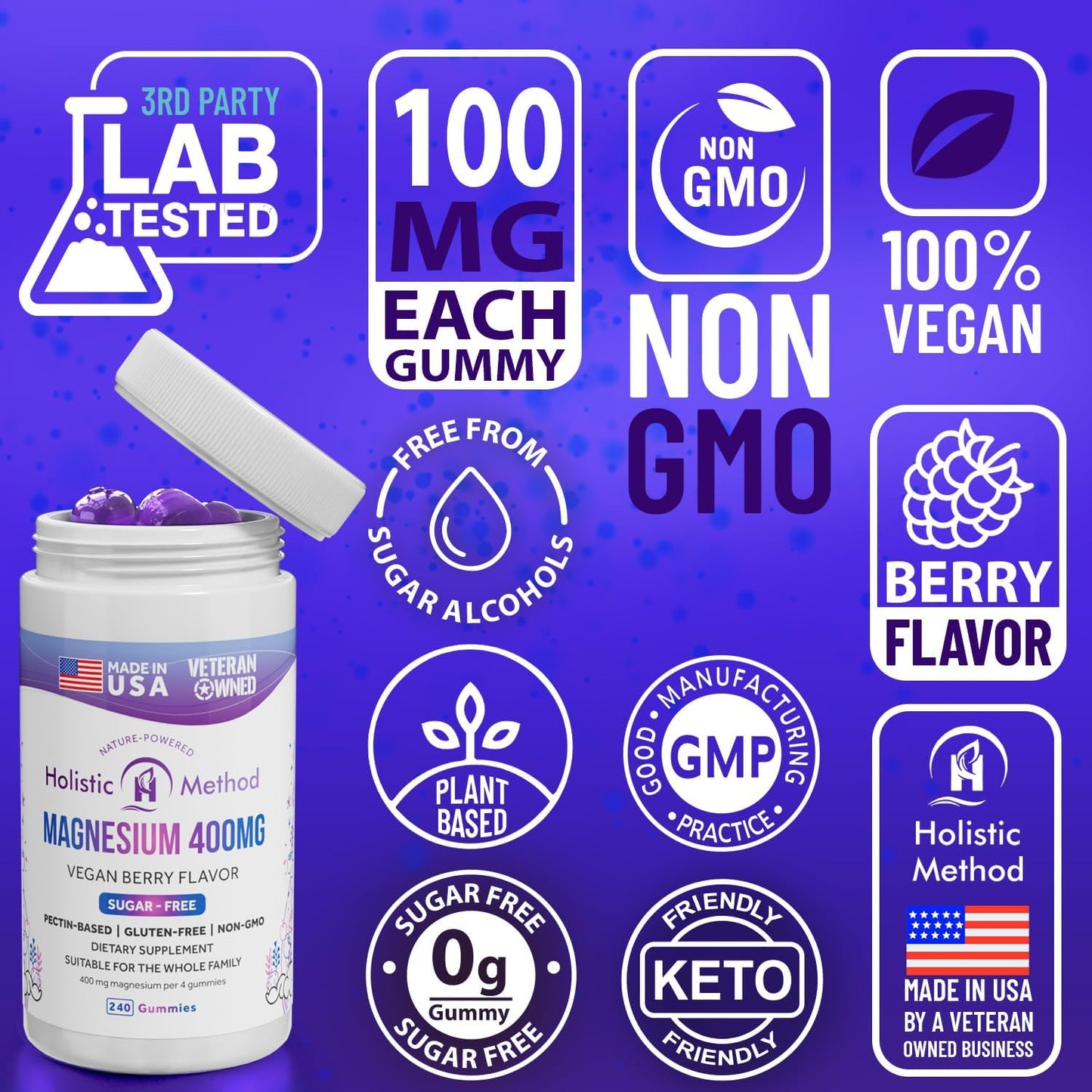 Vegan Sugar-Free Magnesium Citrate Gummies for Better Sleep - Non-GMO Supplement for Adults, Teens, and Kids - Mixed Berry Flavor - 240 Chews