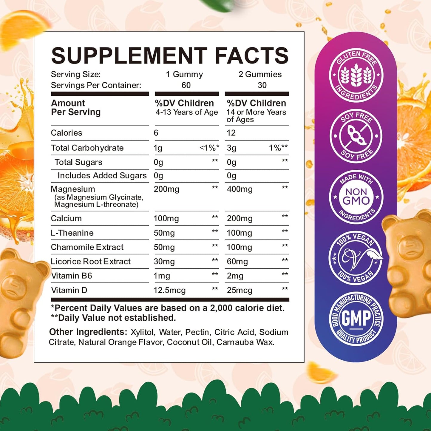 Vegan Sugar-Free Magnesium Gummies for Kids & Adults - Supports Sleep, Brain, Immune, & Bone Health - Orange Flavored Supplement - 60ct