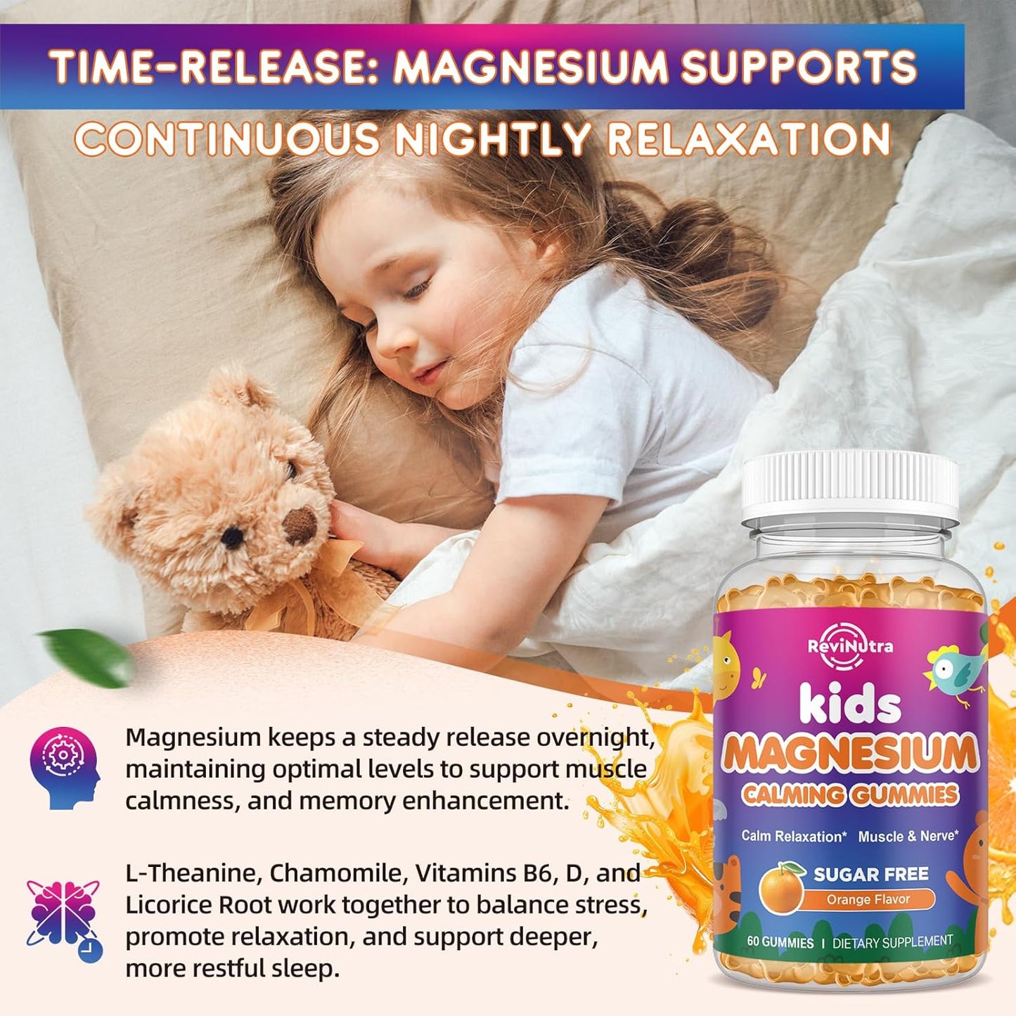 Vegan Sugar-Free Magnesium Gummies for Kids & Adults - Supports Sleep, Brain, Immune, & Bone Health - Orange Flavored Supplement - 60ct