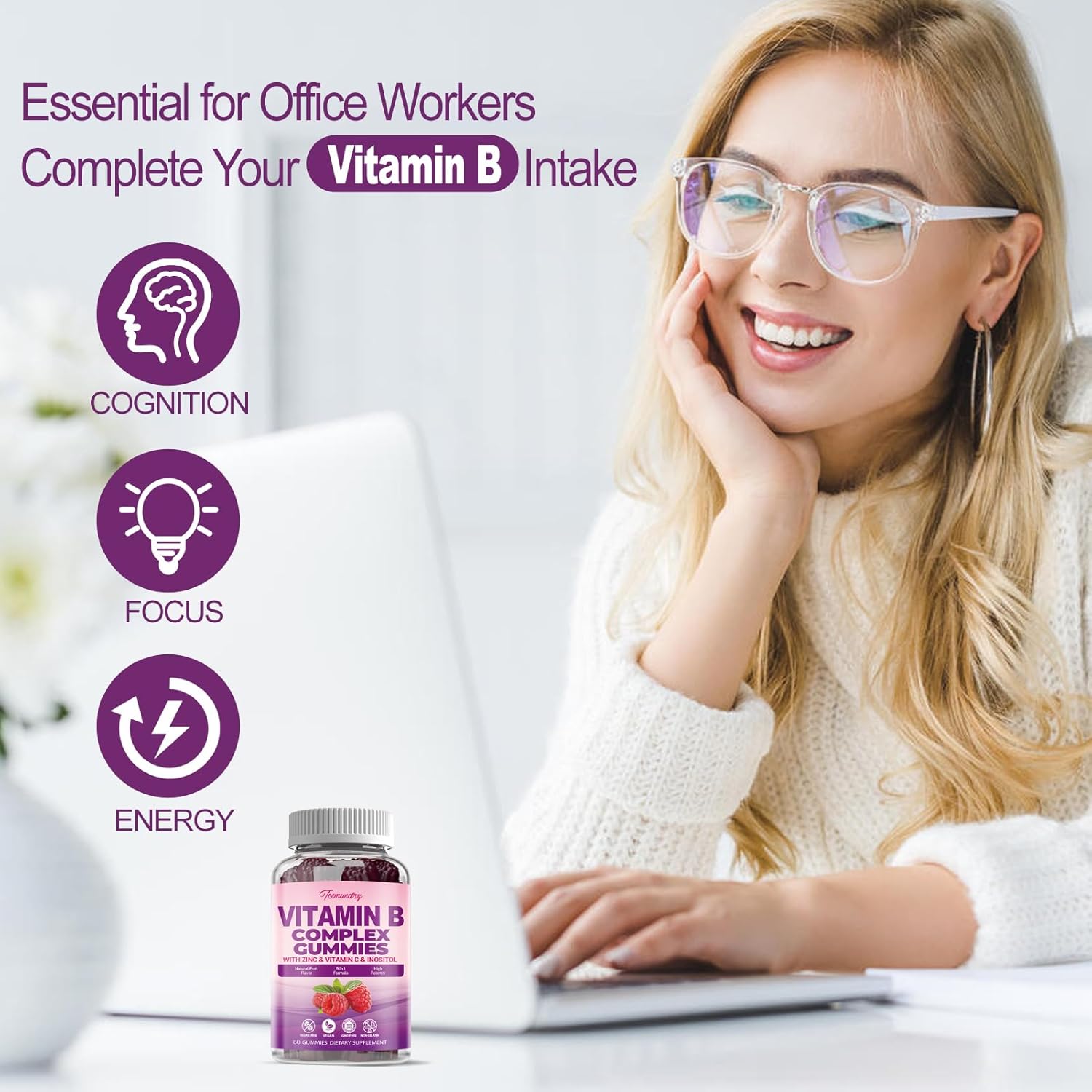 Vegan Sugar-Free Women's Vitamin B Complex Gummies - Methyl B12, Folate, Vitamin C, Zinc - Energy, Immune Support (60 Count)