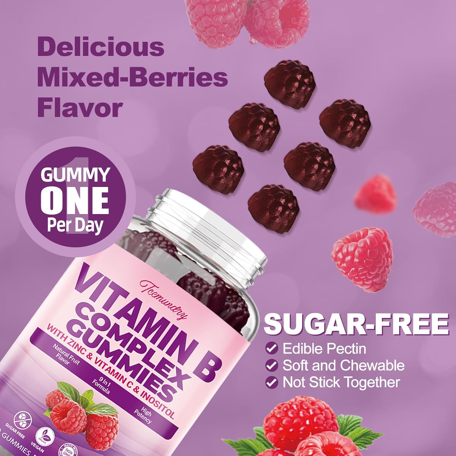 Vegan Sugar-Free Women's Vitamin B Complex Gummies with Methyl B12, Folate, Vitamin C, Zinc - Energy, Immune Support (120 Count)